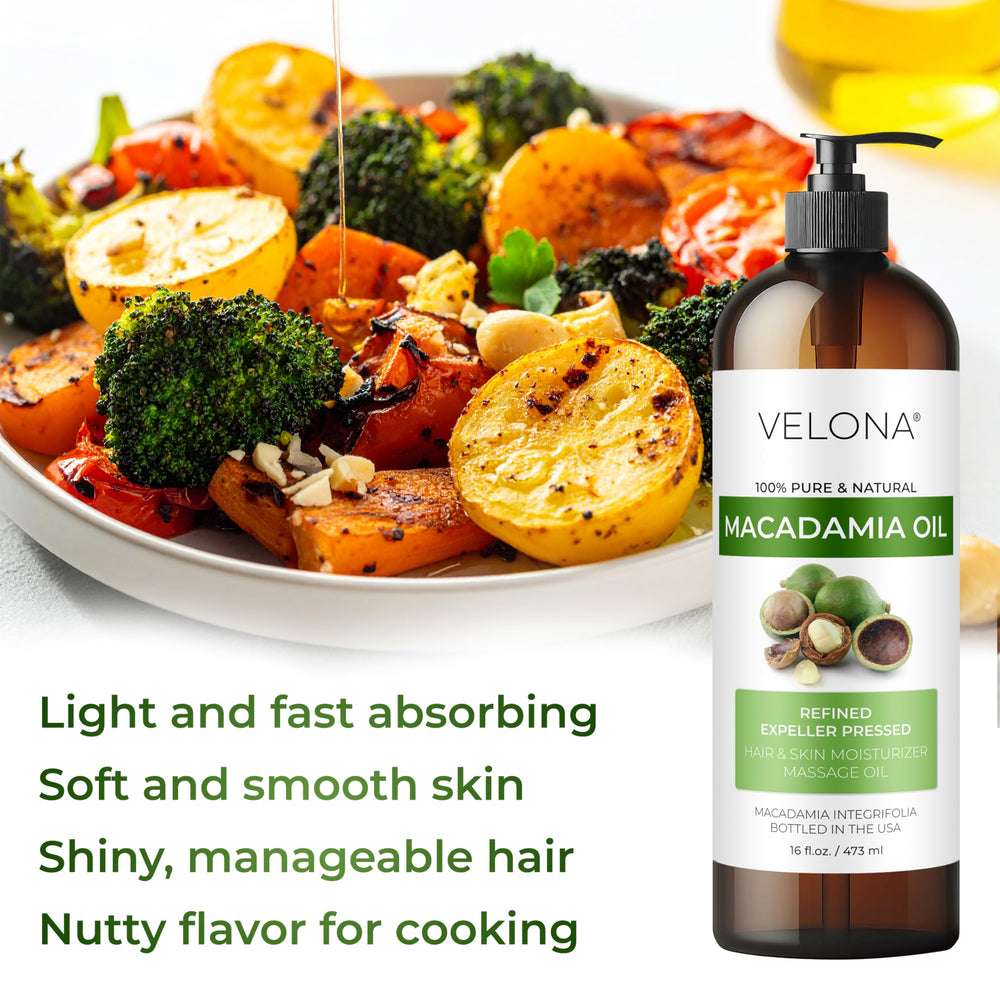 Velona Macadamia Oil with hair tools shows added shine and manageability.