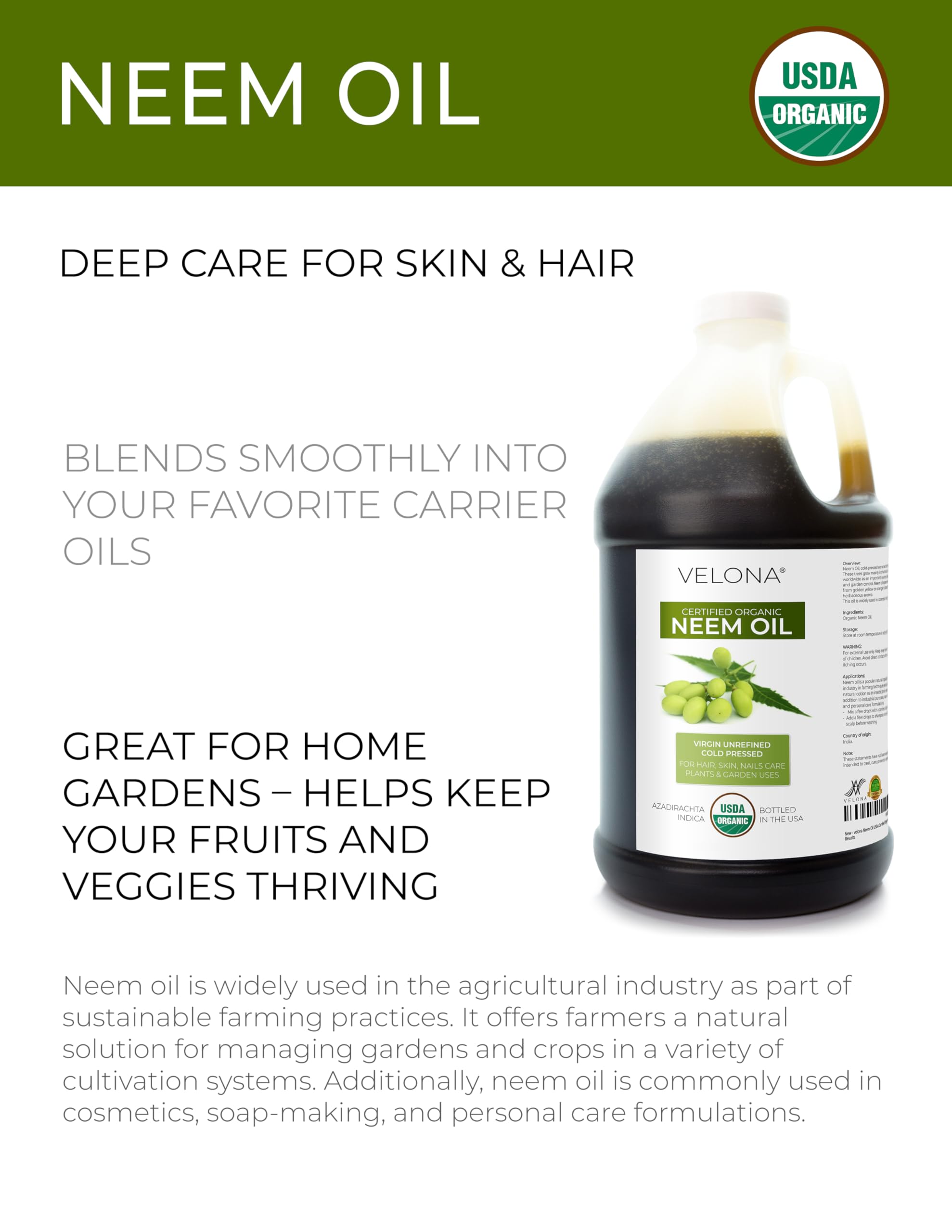 Velona Neem Oil label close-up displaying organic certification.
