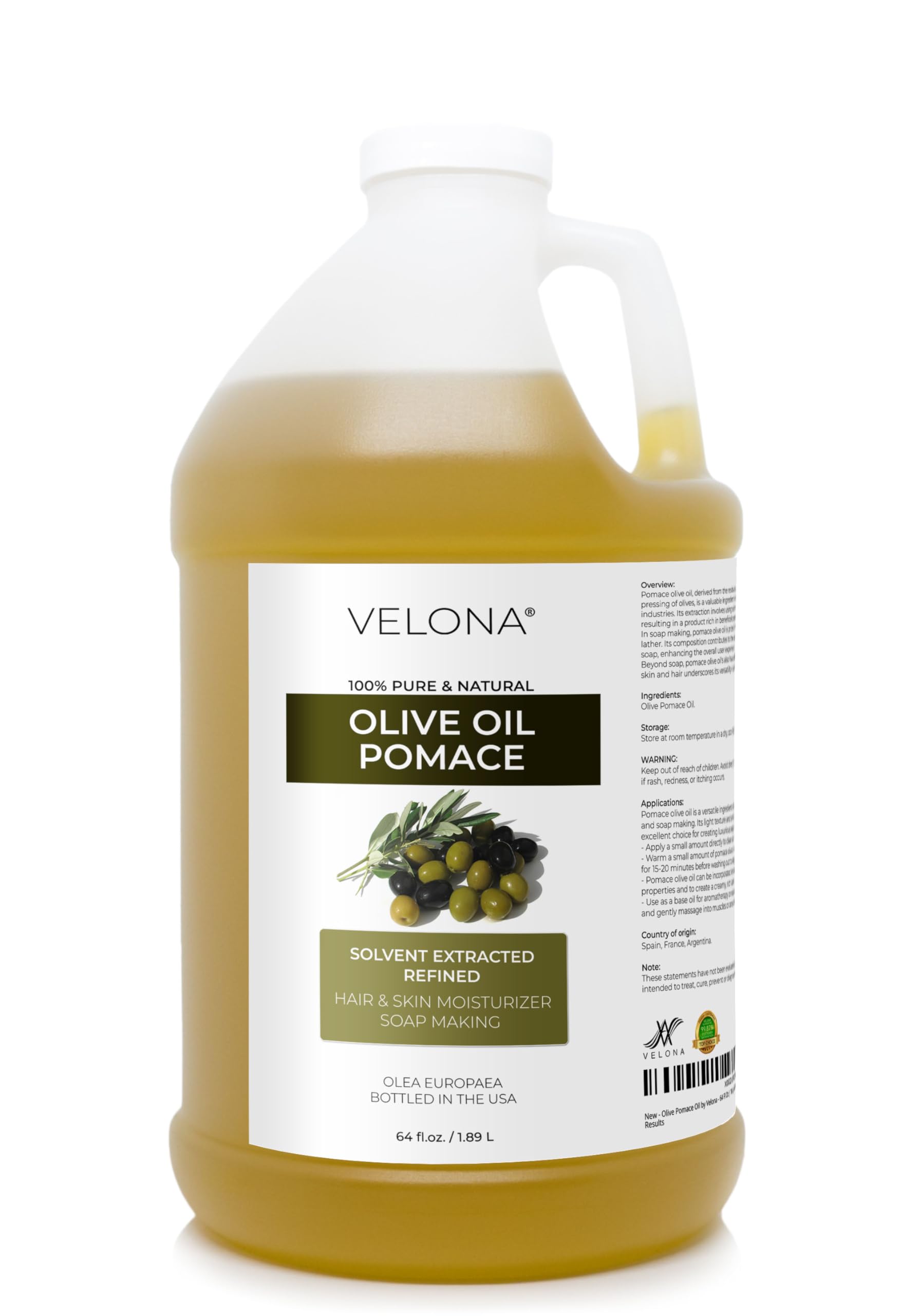 Velona Olive Pomace Oil 64oz bottle showing a pure carrier oil for skin and hair care