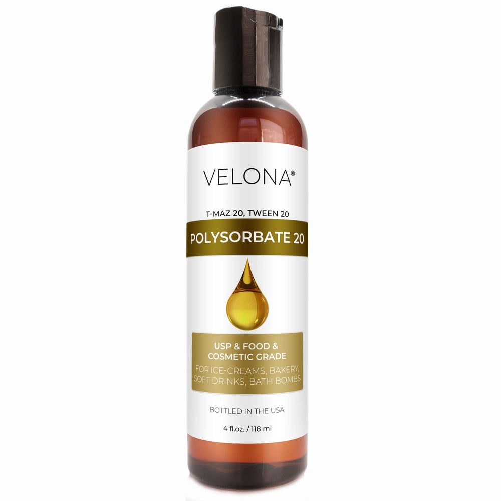 Velona Polysorbate 20 bottle front view; solubilizer for cosmetics and cooking.
