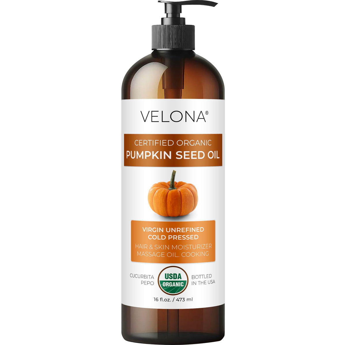 Velona Pumpkin Seed Oil bottle, premium cold-pressed oil for skin and cooking.