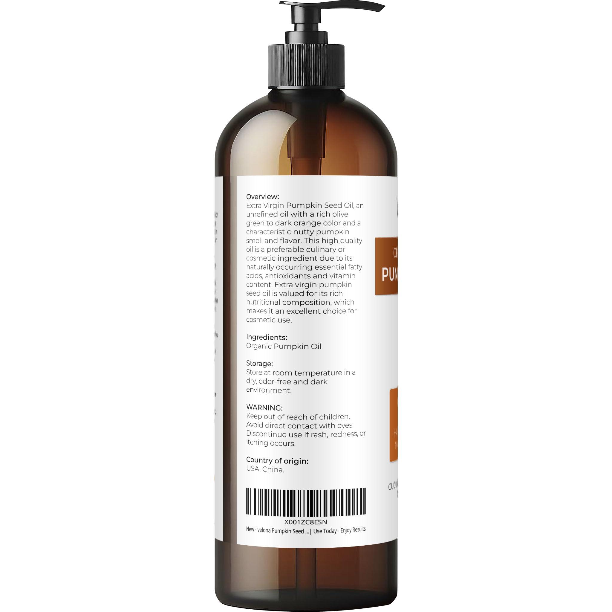 Velona Pumpkin Seed Oil label close-up showing USDA Organic certification.