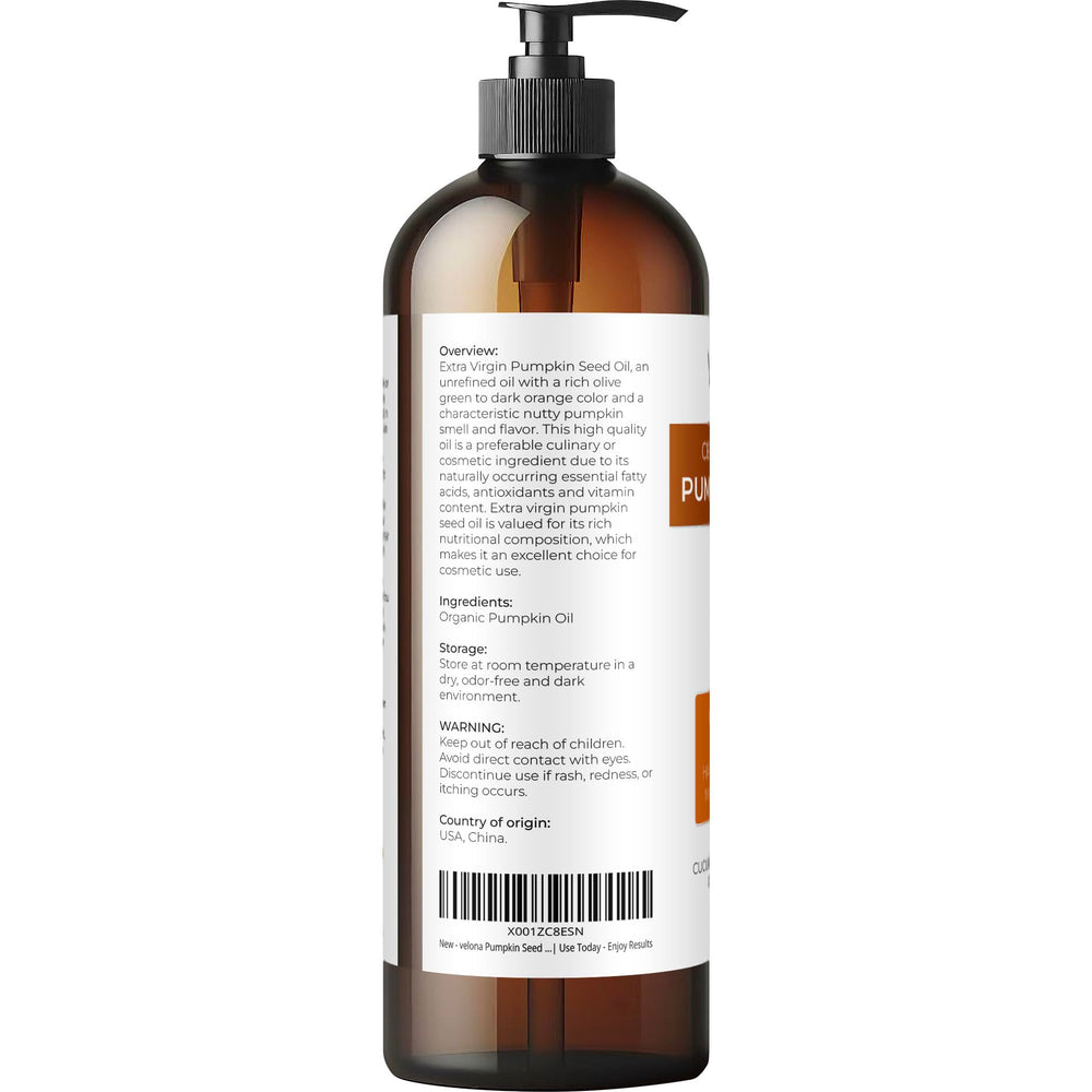 Velona Pumpkin Seed Oil label close-up showing USDA Organic certification.