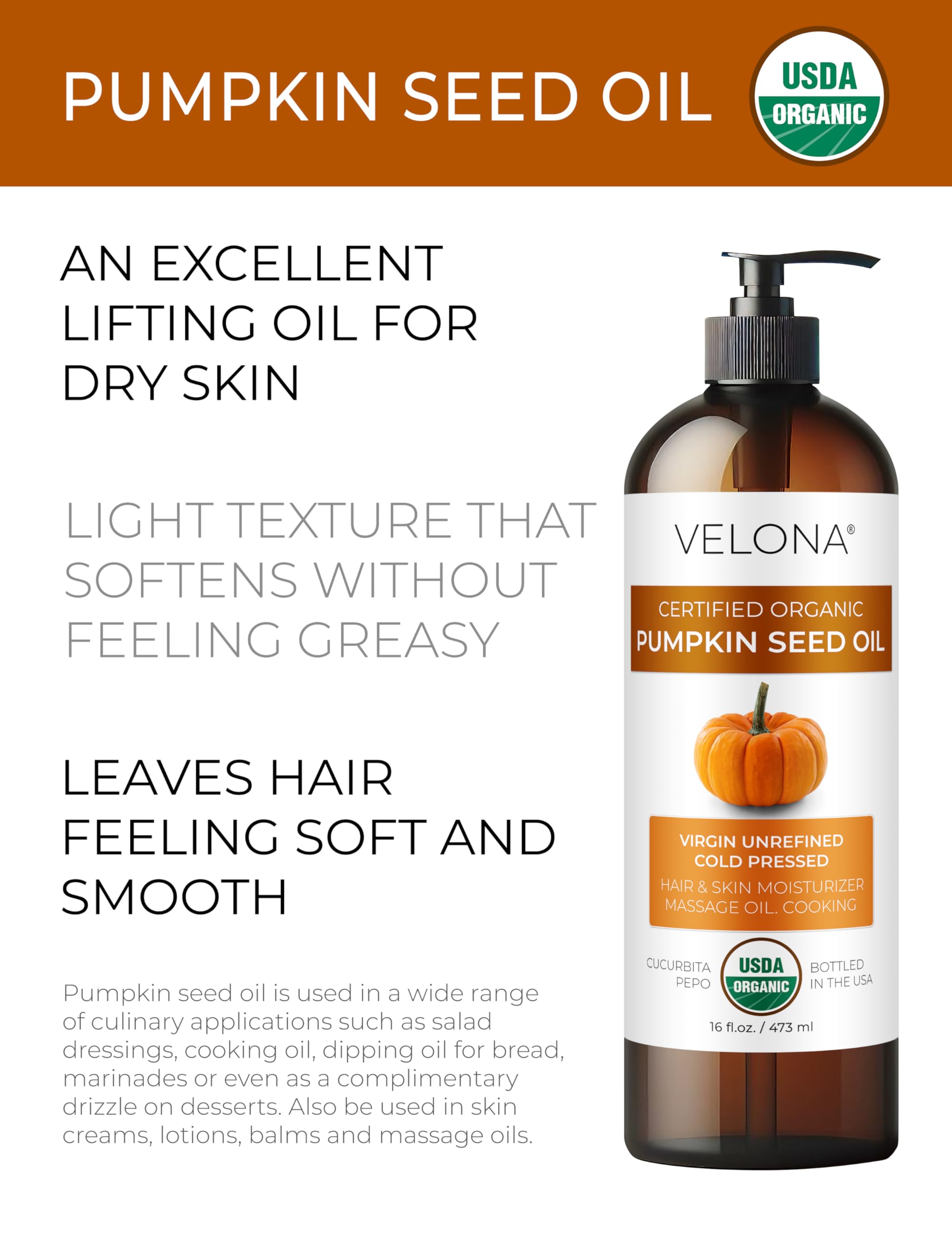 Velona Pumpkin Seed Oil pour for salads and finishing dishes.