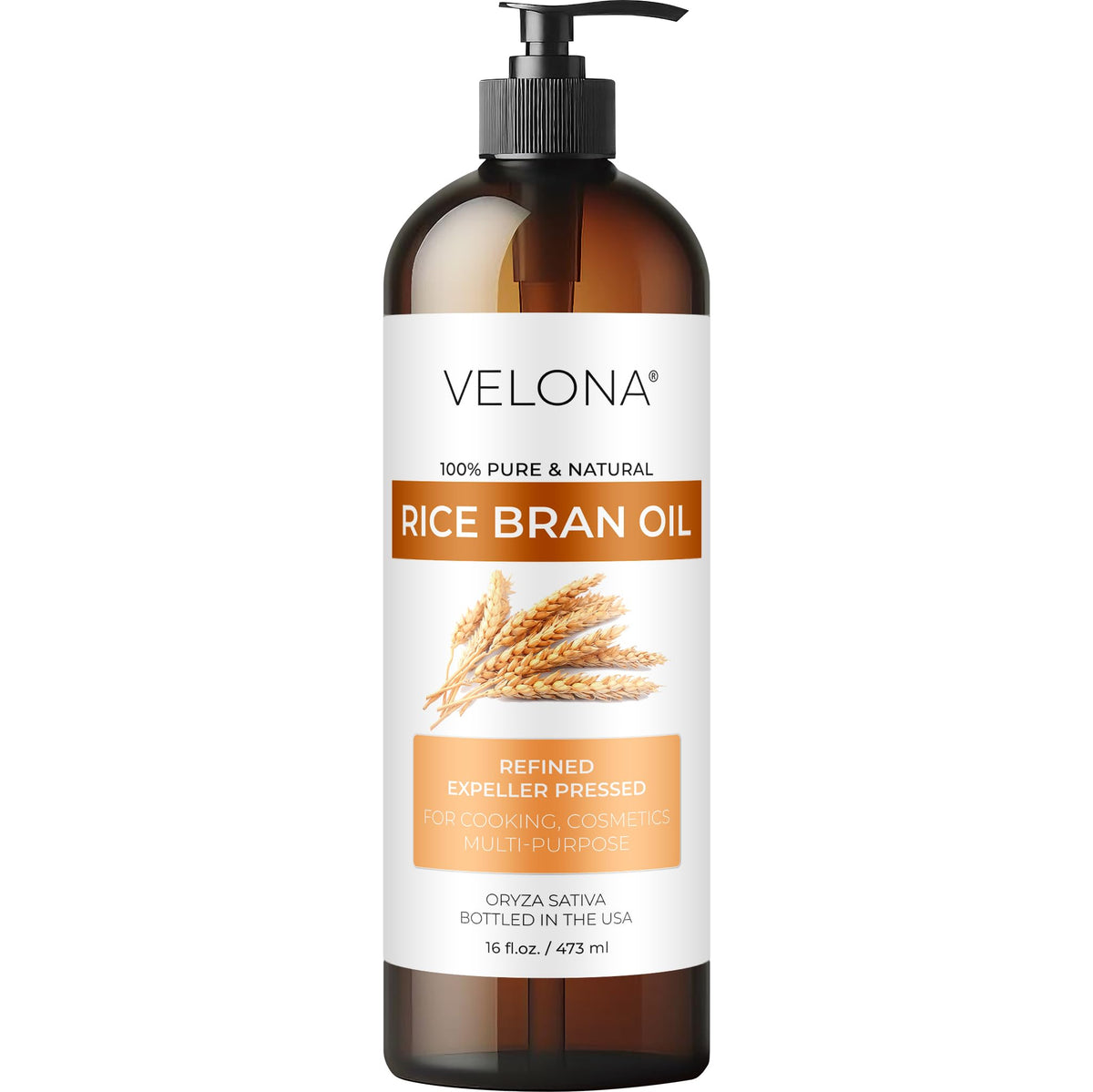 Velona Rice Bran Oil bottle front view, pure refined oil for cooking and skin care.