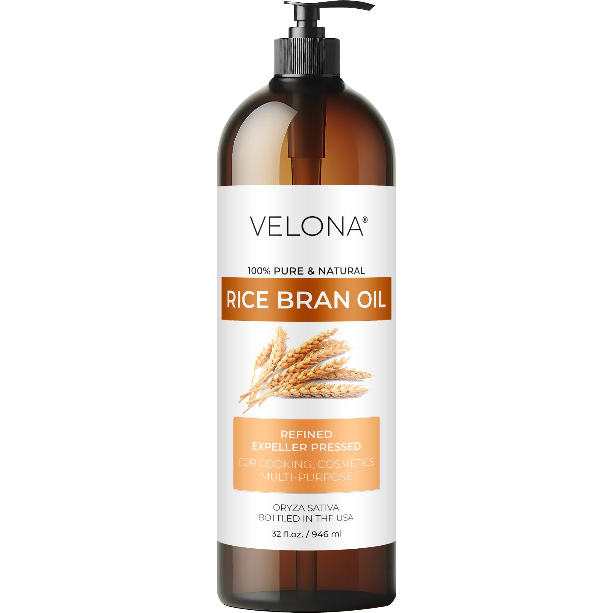 Velona Rice Bran Oil bottle front view, pure refined oil for skin and cooking.