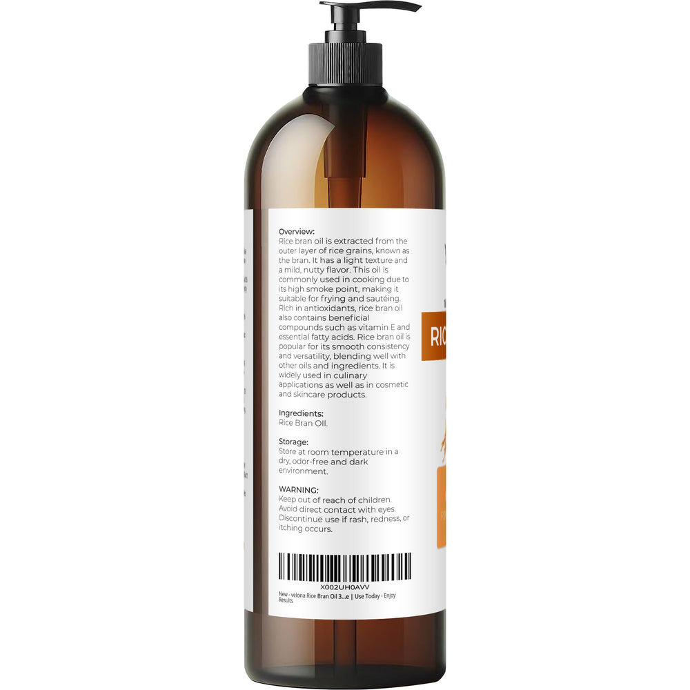 Velona Rice Bran Oil bottle with USA label, proudly bottled in the USA.