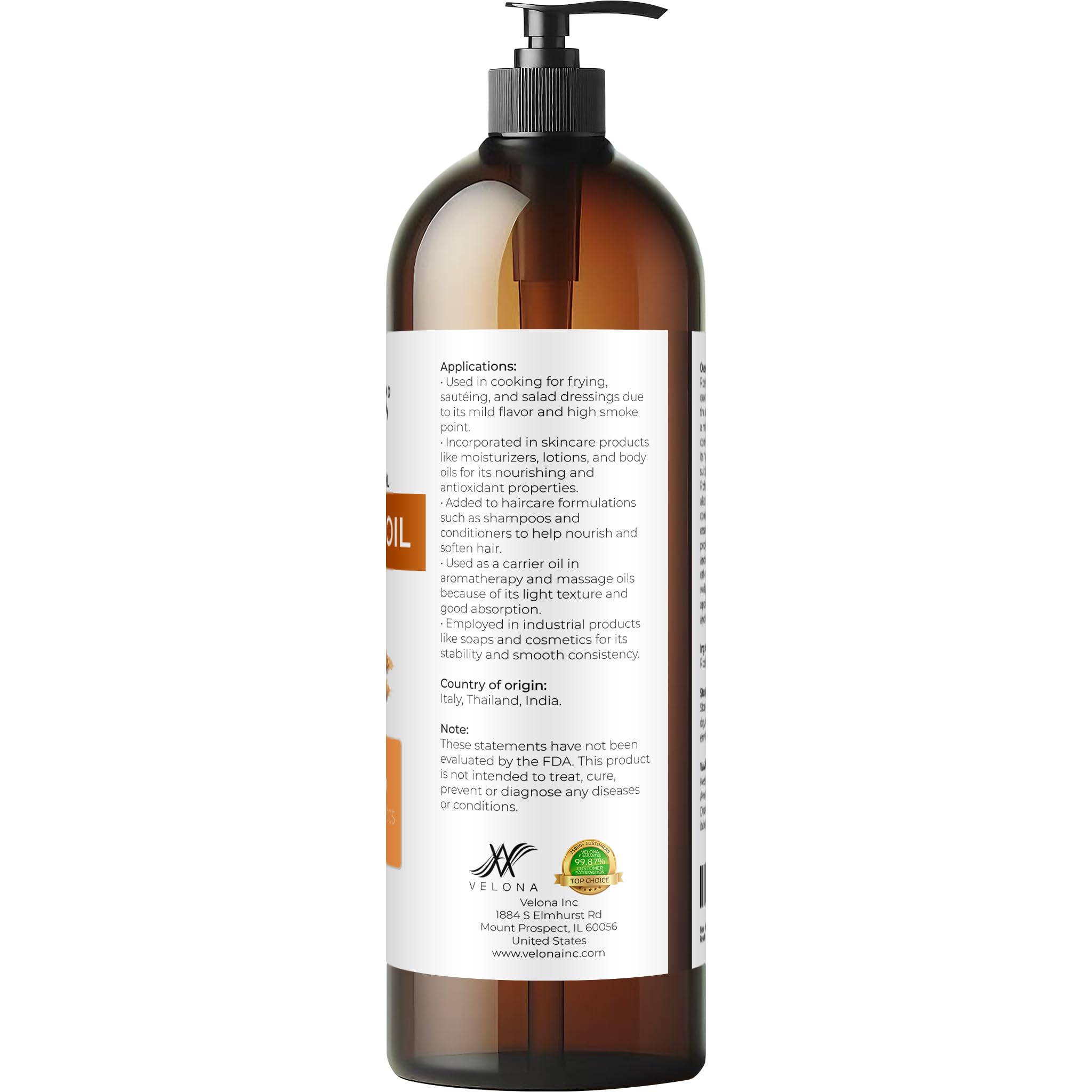 Velona Rice Bran Oil ingredients panel shows non-GMO, fragrance-free purity.