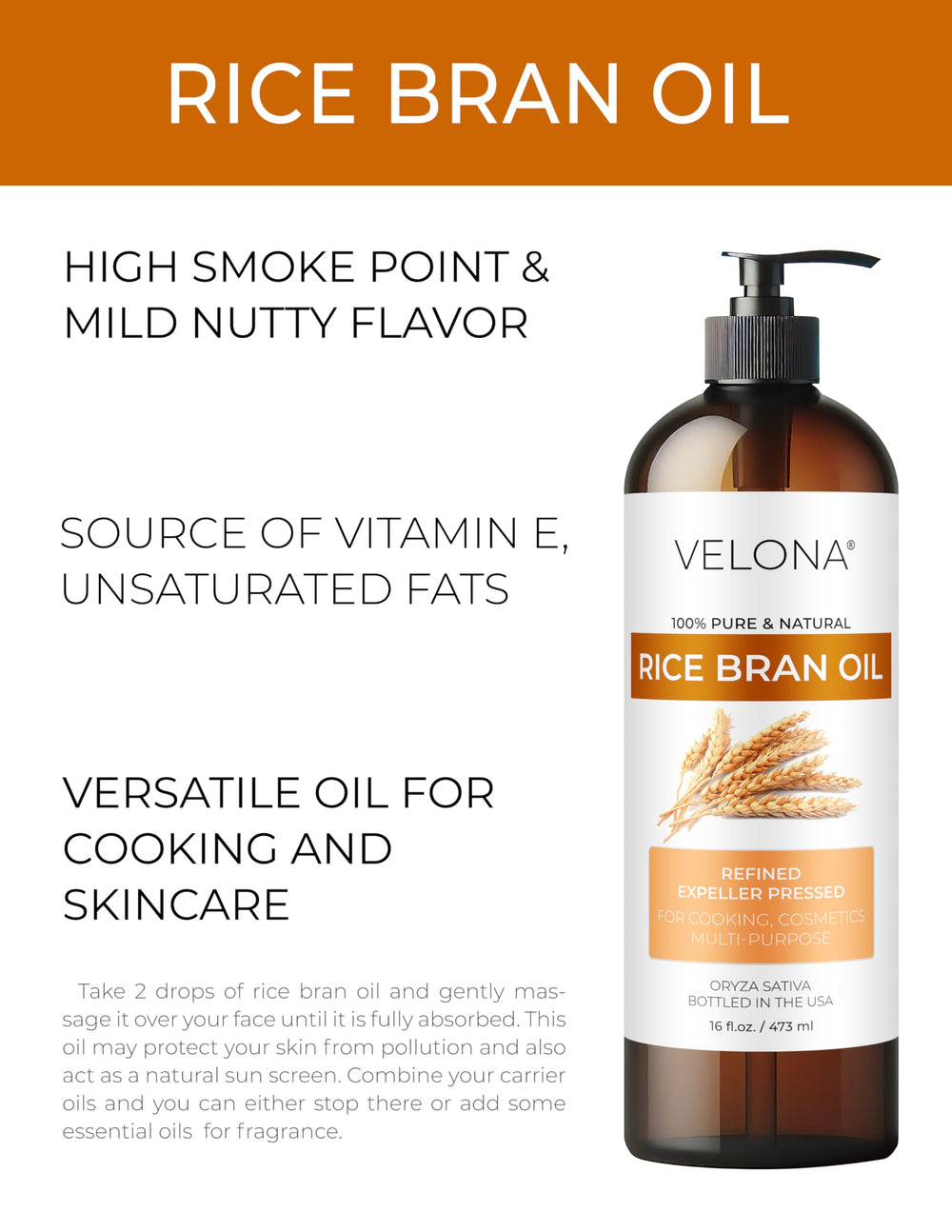 Pouring Velona Rice Bran Oil, a lightweight carrier for everyday meals.