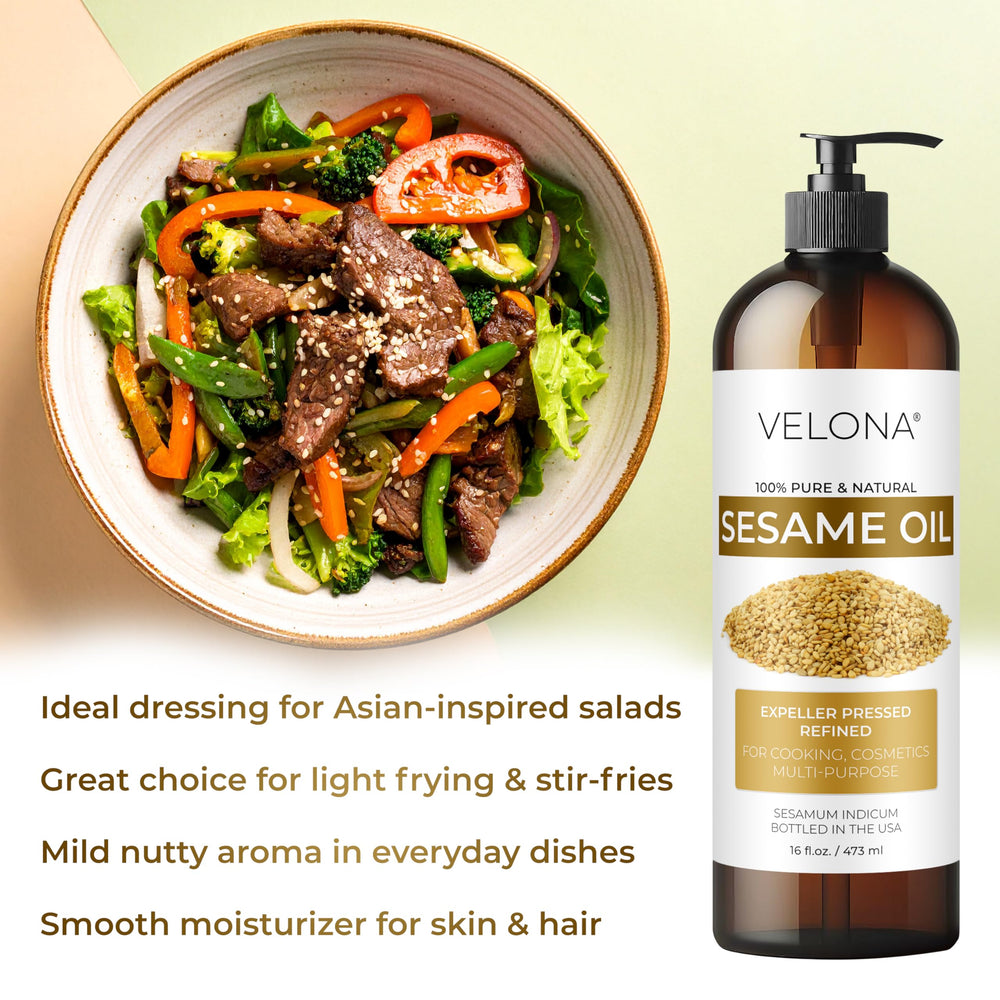 Velona Sesame Seed Oil cooking use highlights a mild nutty aroma for dressings and frying