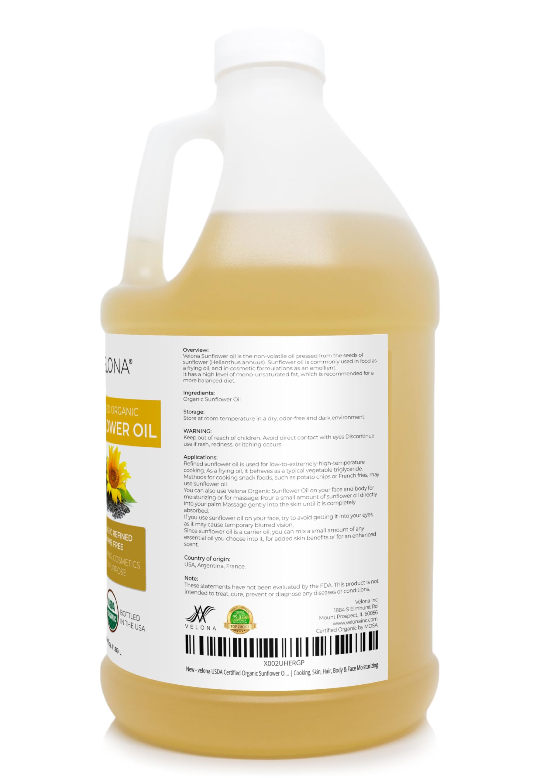 Velona Sunflower Oil label close-up highlighting USDA Organic certification.