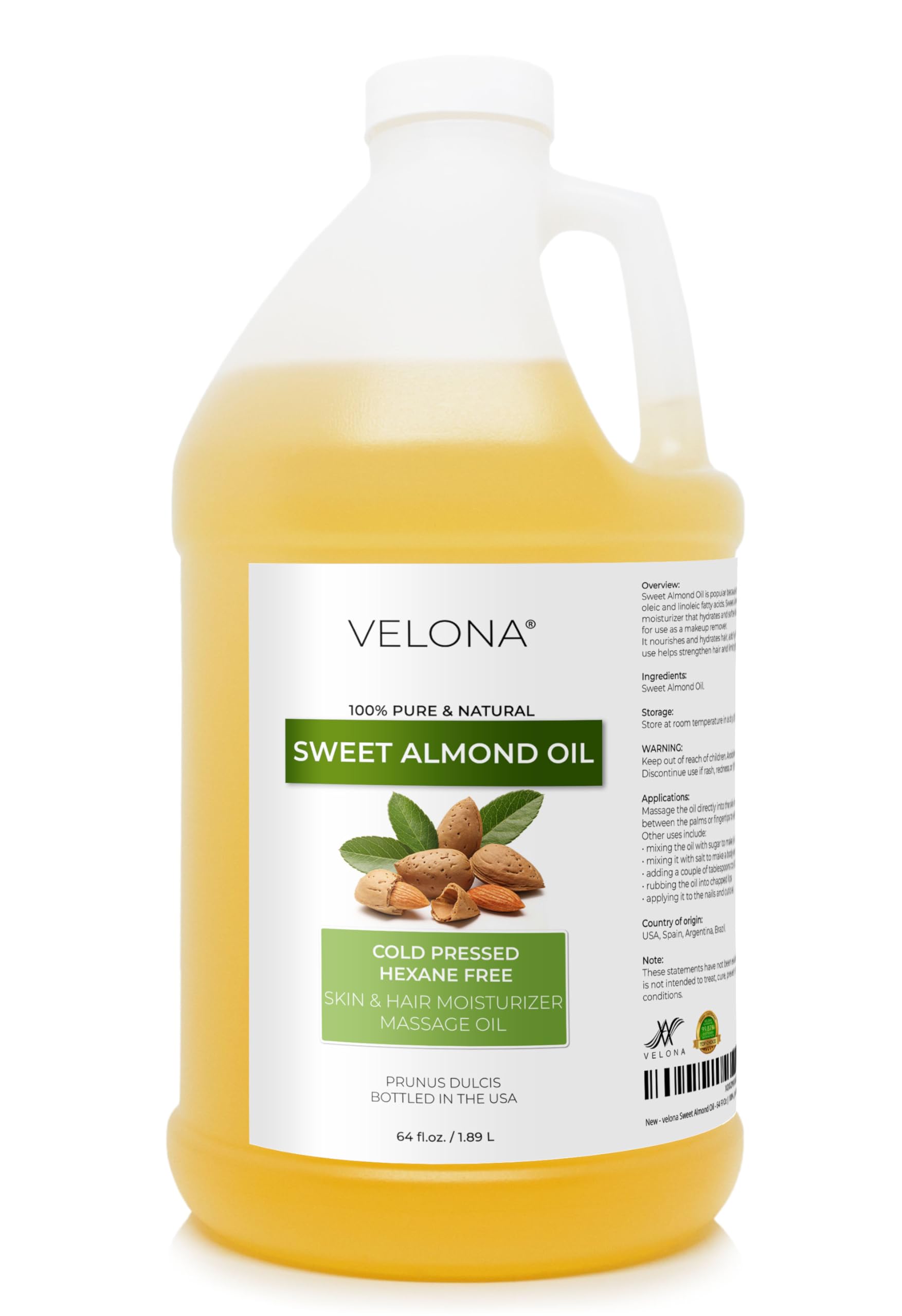 Velona Sweet Almond Oil bottle demonstrates premium carrier oil for skin nourishment.