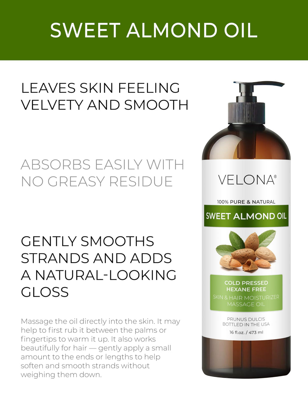 Velona Sweet Almond Oil front label shows 100% pure, cold-pressed formula.