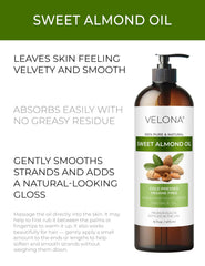 Velona Sweet Almond Oil front label shows 100% pure, cold-pressed formula.