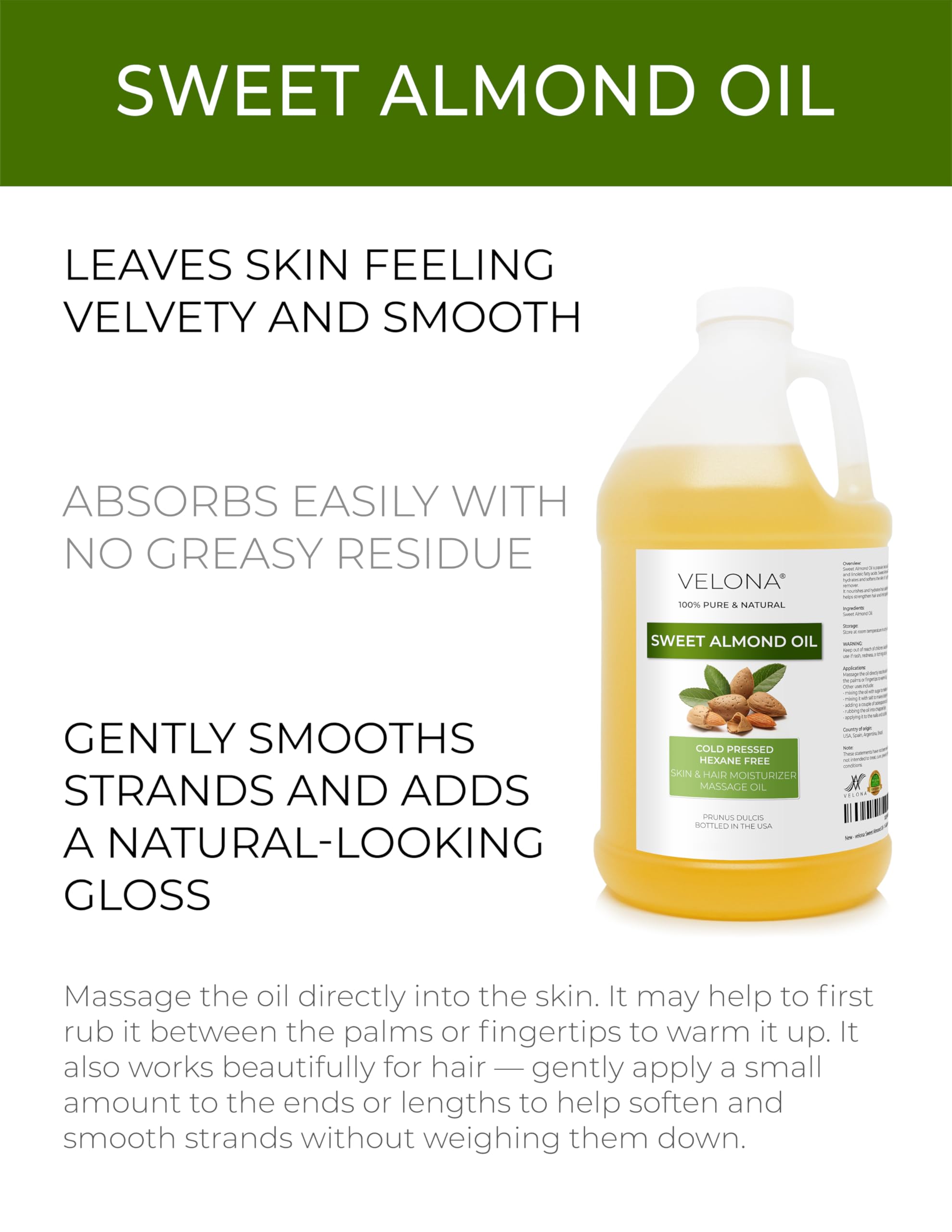 Velona Sweet Almond Oil on hair shows softness and natural shine.