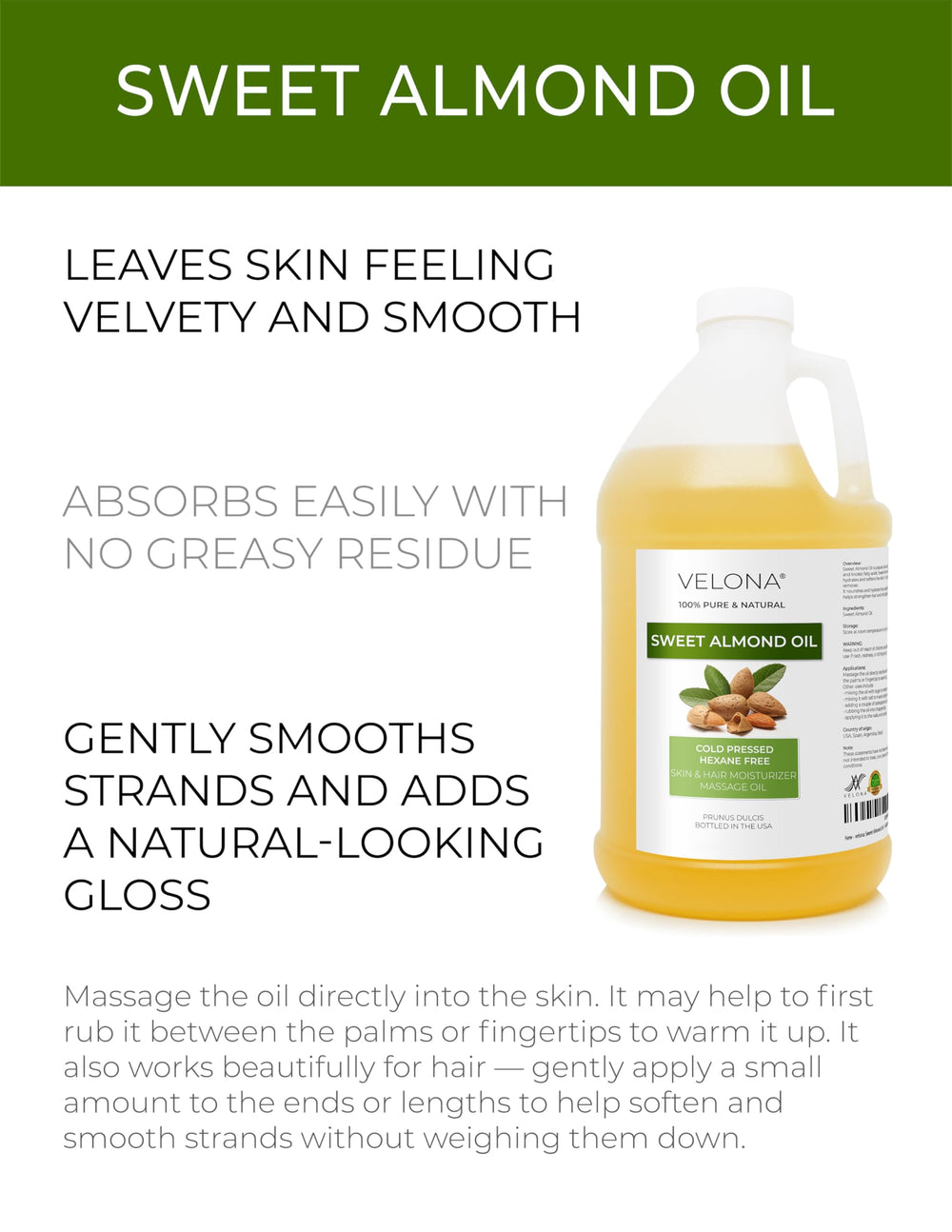 Velona Sweet Almond Oil on hair shows softness and natural shine.