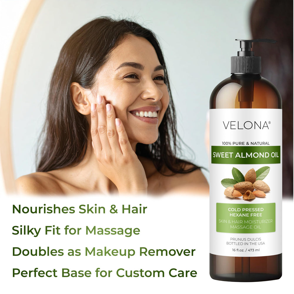 Velona Sweet Almond Oil as makeup remover base supports gentle cleansing.