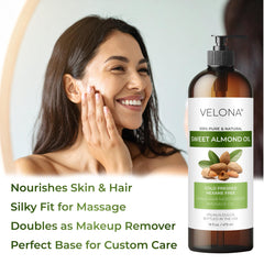 Velona Sweet Almond Oil as makeup remover base supports gentle cleansing.