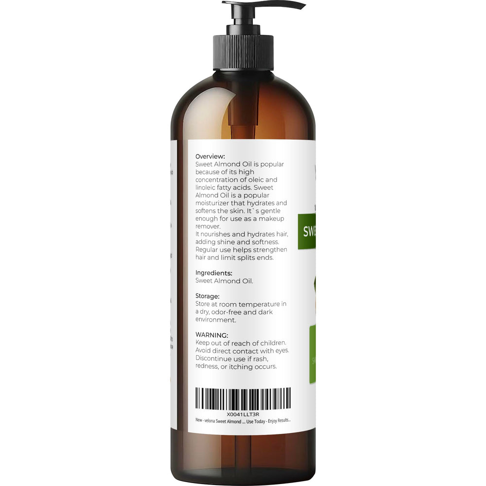 Velona Sweet Almond Oil pour bottle highlights a silky, lightweight carrier oil.