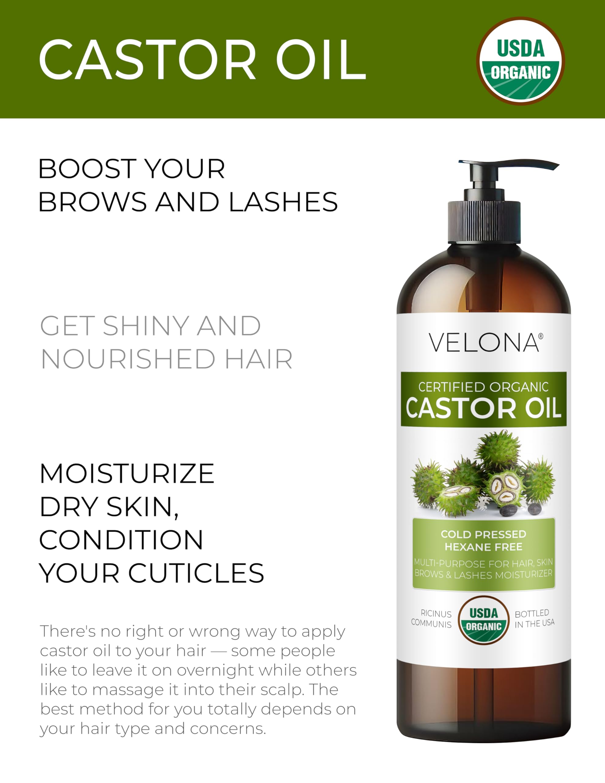 Velona USDA Organic Castor Oil 32oz, ideal for skin and hair care.