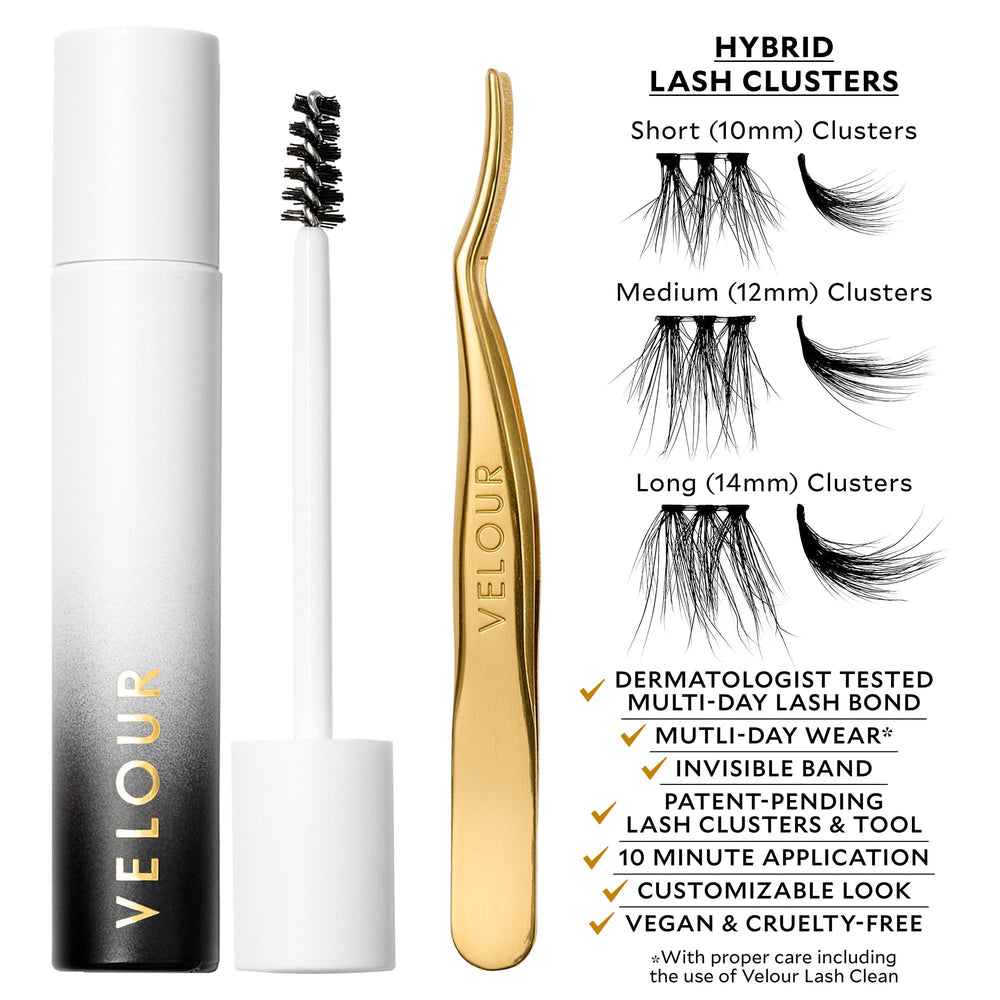 Velour-Xtensions 12mm lash clusters for balanced, dramatic lash looks.