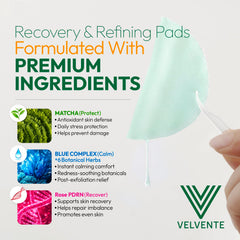 Pad texture close-up with matcha-green hue and soothing extracts.