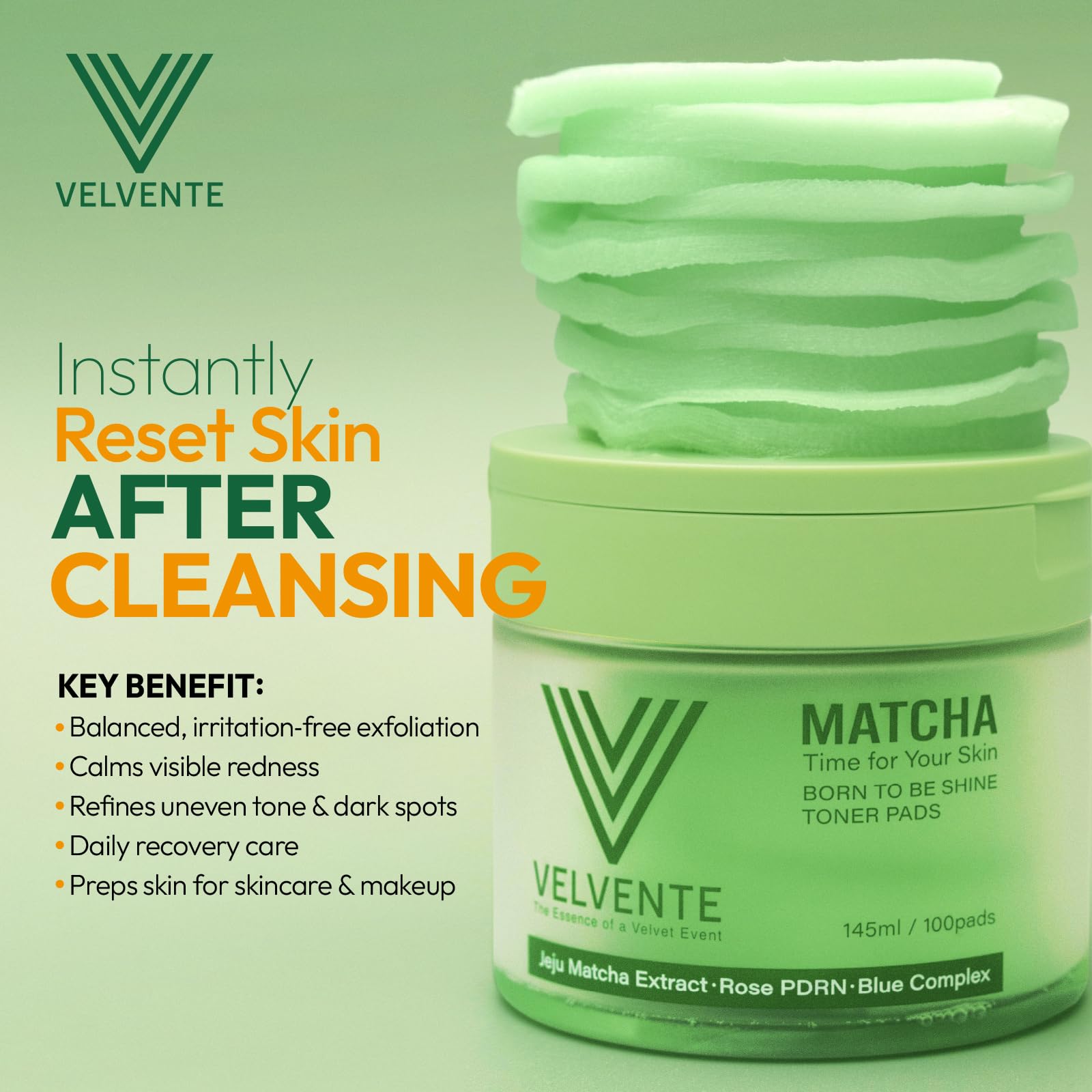 Velvente swipe-ready pad gliding across skin for calm, balanced tone.