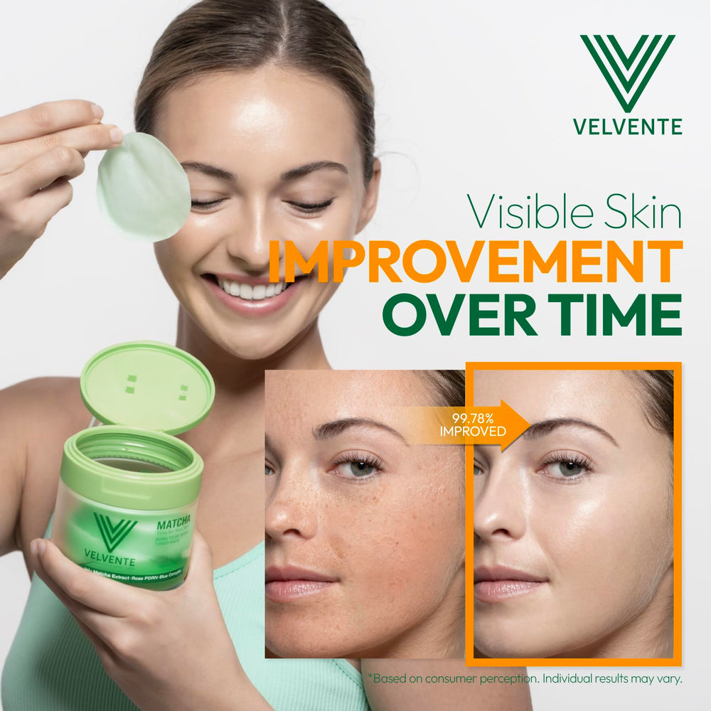Night-time routine with Velvente pads for gentle exfoliation and brighter tone.