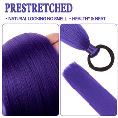 Vemet purple ponytail extension on model, showcasing shine and style