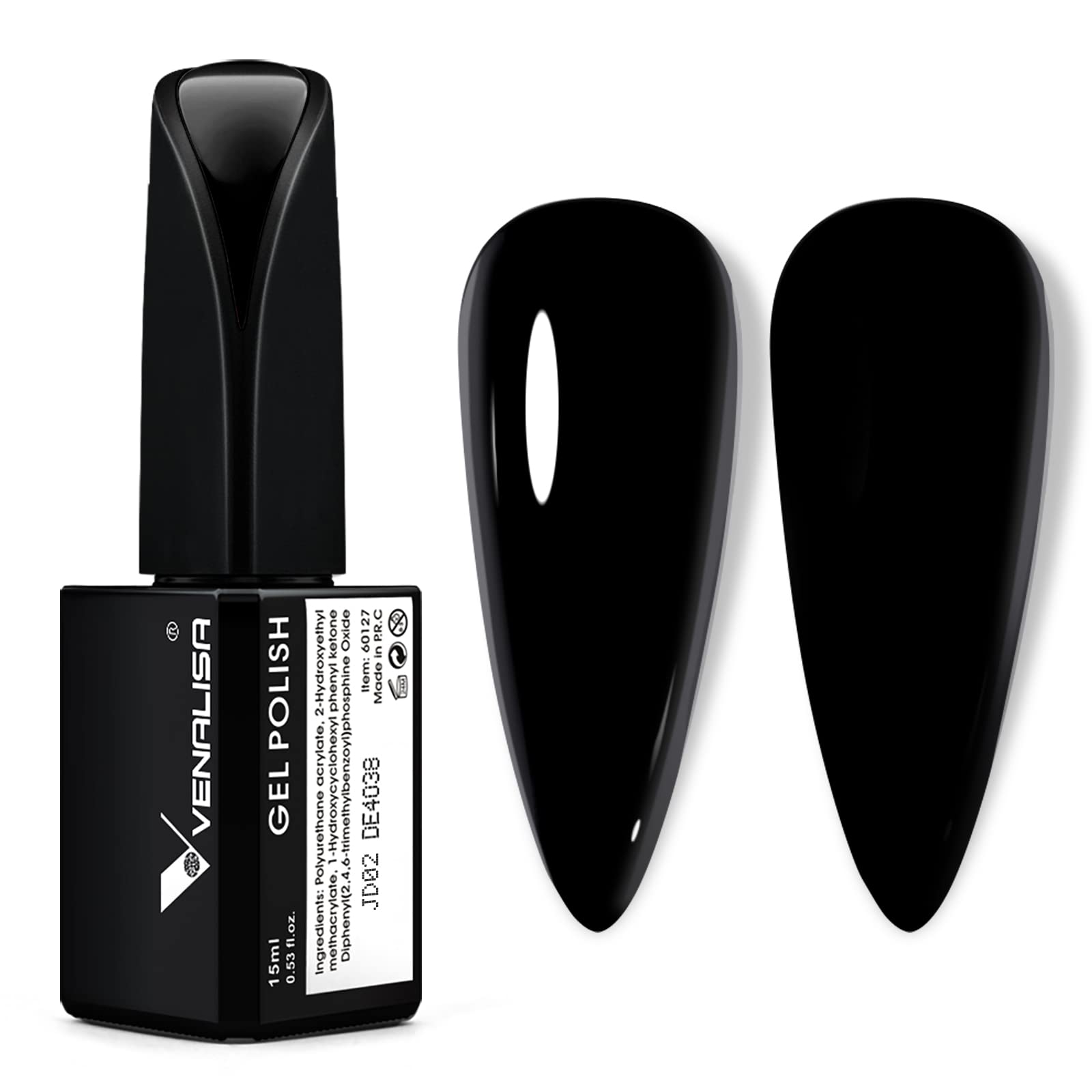 VENALISA black gel polish bottle close-up showing rich color for nails.