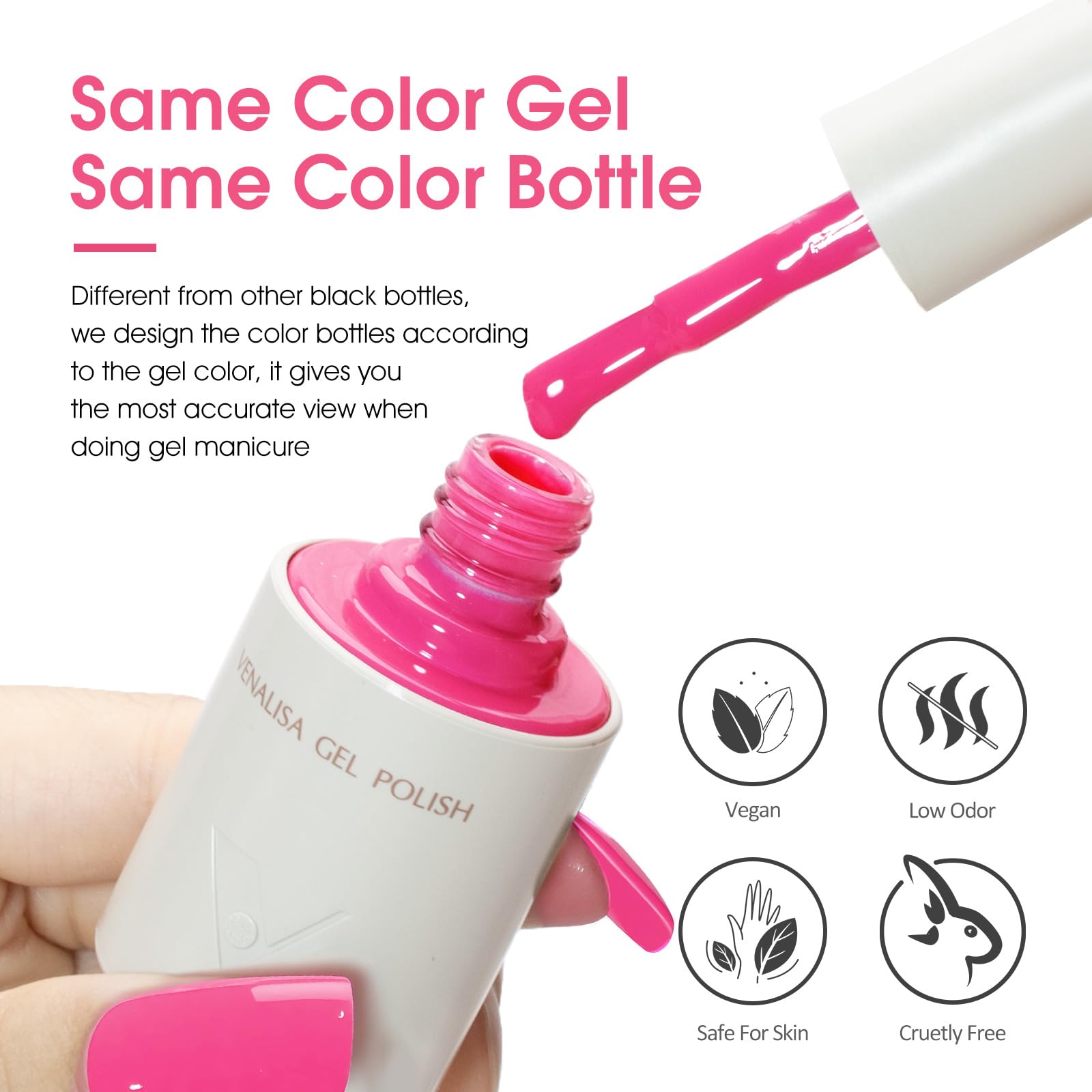 Color swatch of VENALISA Bright Pink Gel Nail Polish on nail