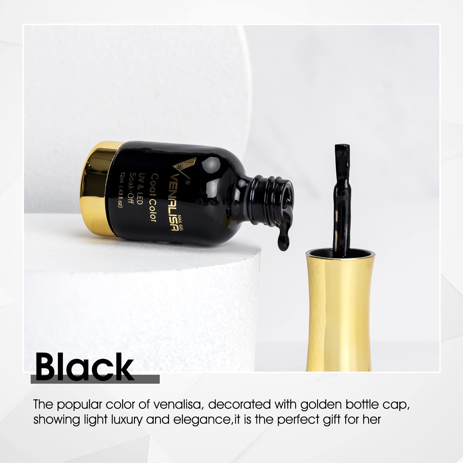 Venalisa black bottle close-up highlighting sleek design and finish.