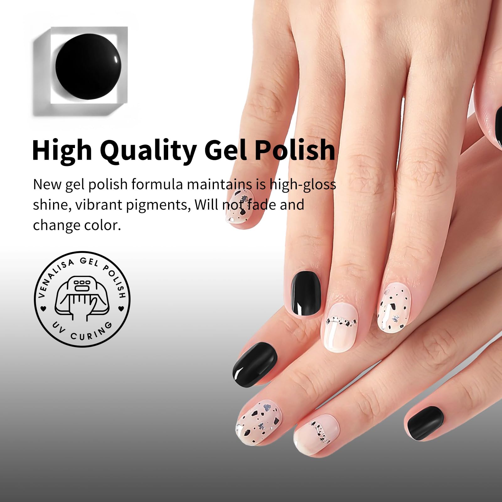 Curing with UV/LED lamp for 90-120 seconds shown beside VENALISA polish.