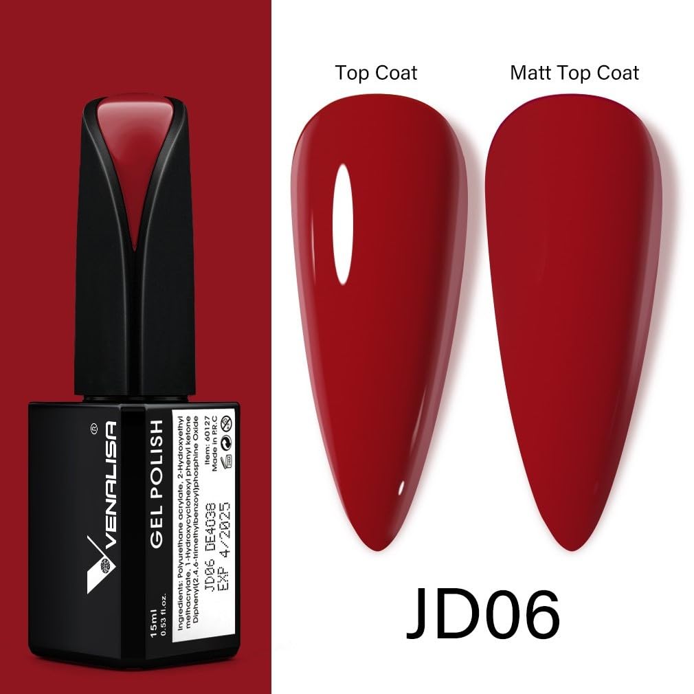Glossy VENALISA red gel nails close-up