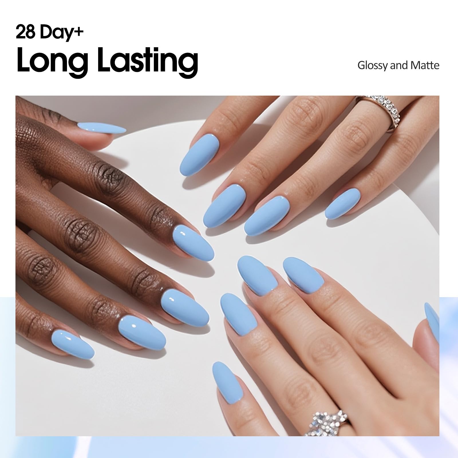 High-gloss finish from VENALISA light blue gel polish on nails.
