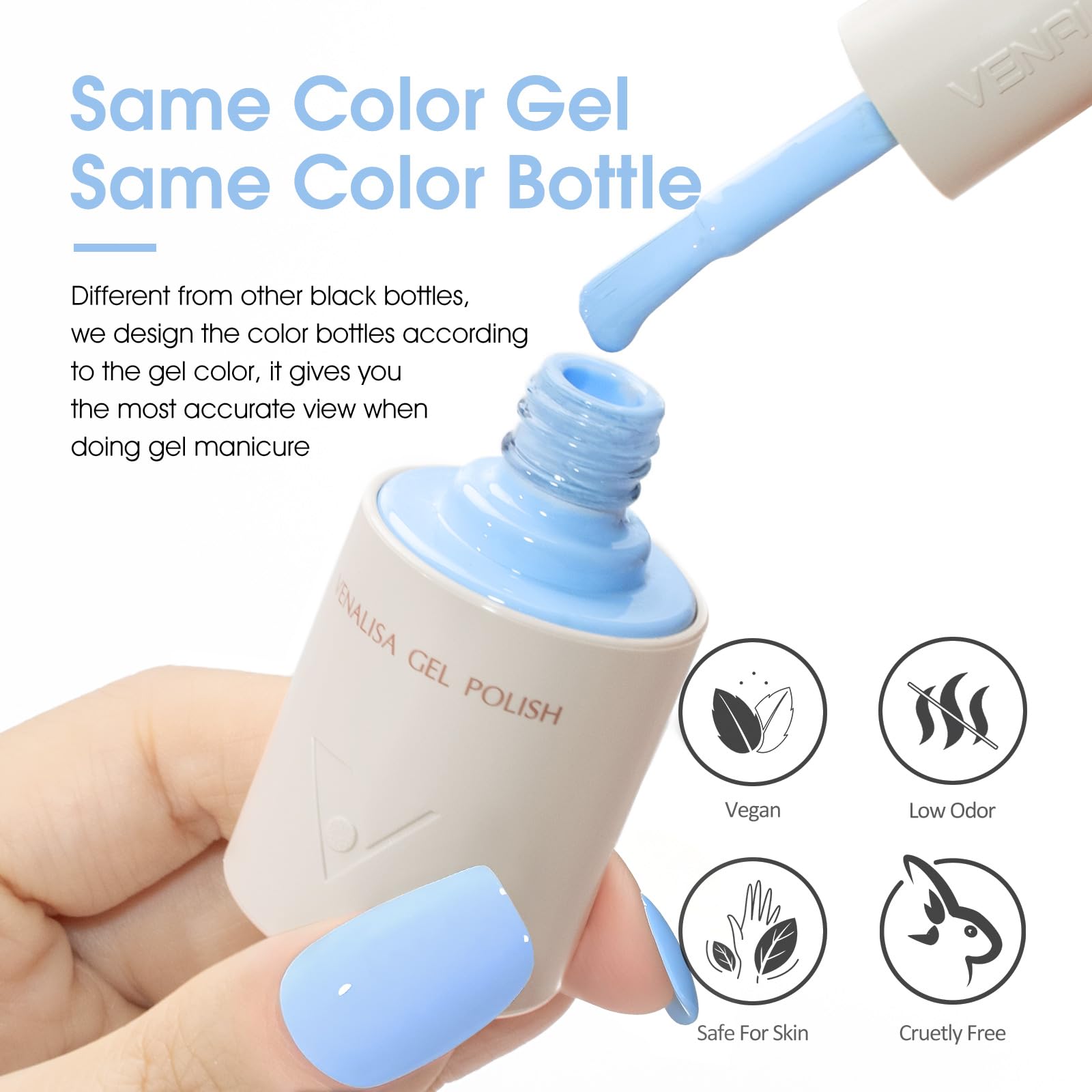 Swatch showing smooth, even coverage of VENALISA light blue gel polish.