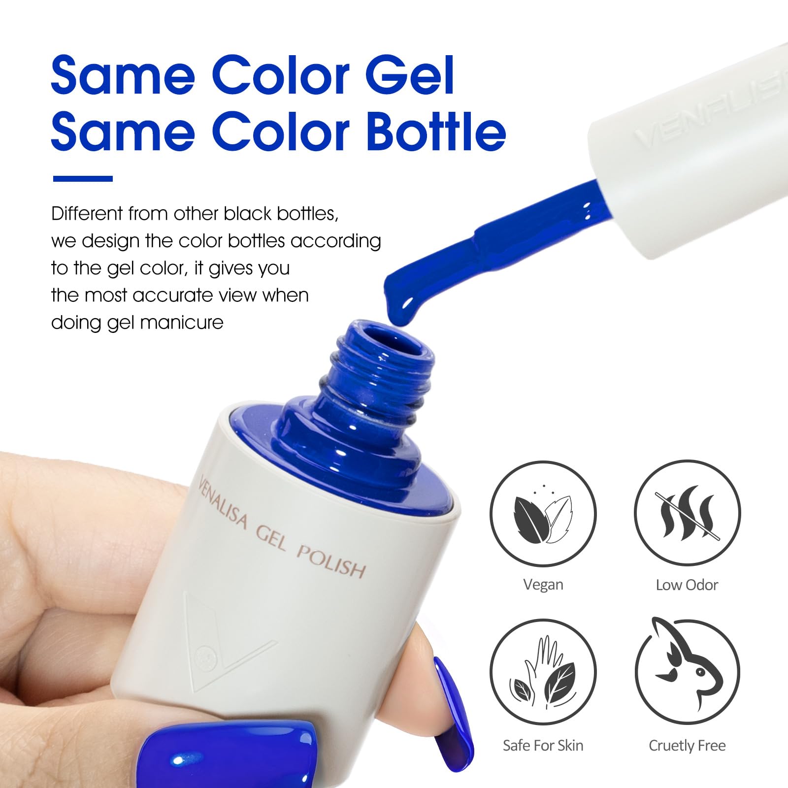 VENALISA Royal Blue on nail demonstrating high-gloss, even coverage.