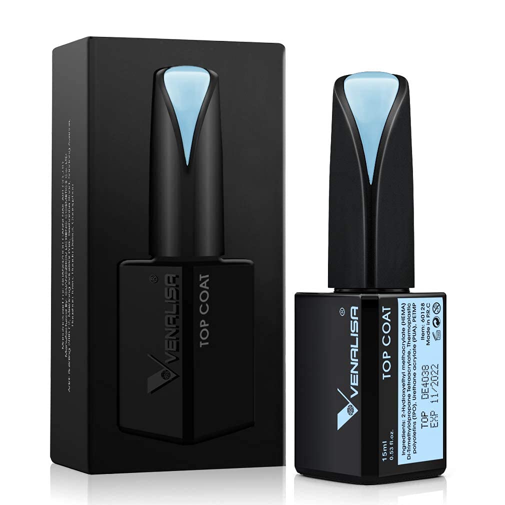 Venalisa tempered top coat bottle close-up showcasing a glassy finish.