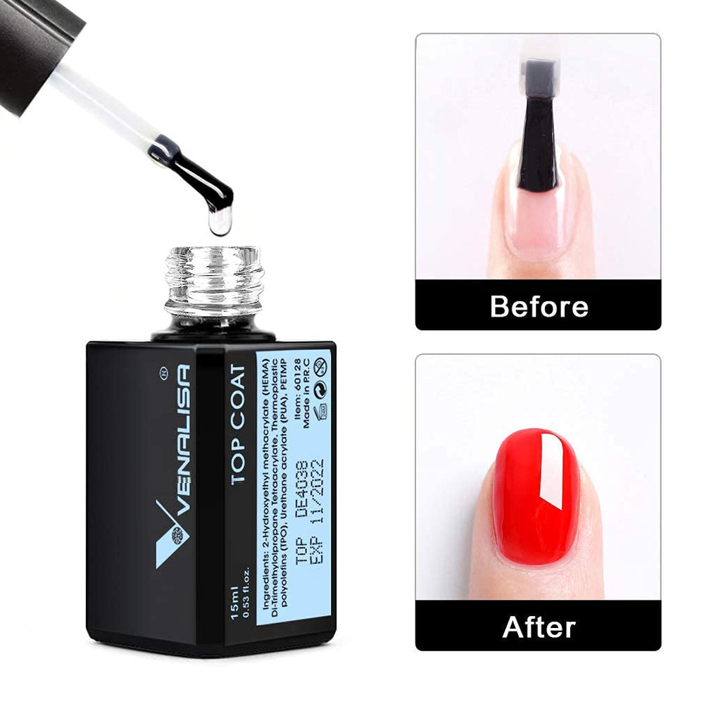 Venalisa gel top coat suits natural, UV gel, and acrylic nails.