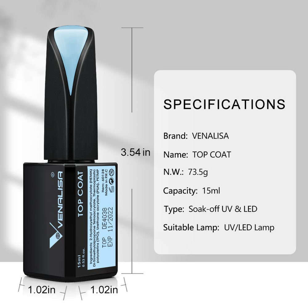 Venalisa top coat cures under UV or LED for home manicures.