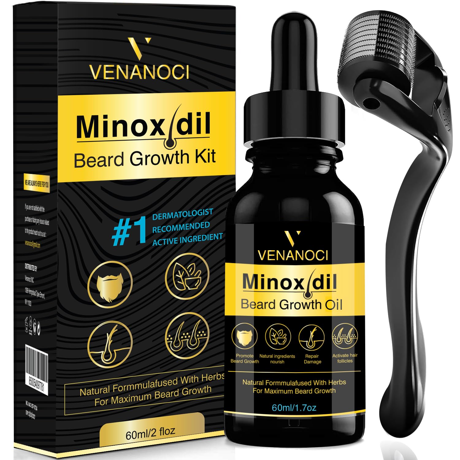 Venanoci 5% Minoxidil bottle for thicker beard and hair growth.