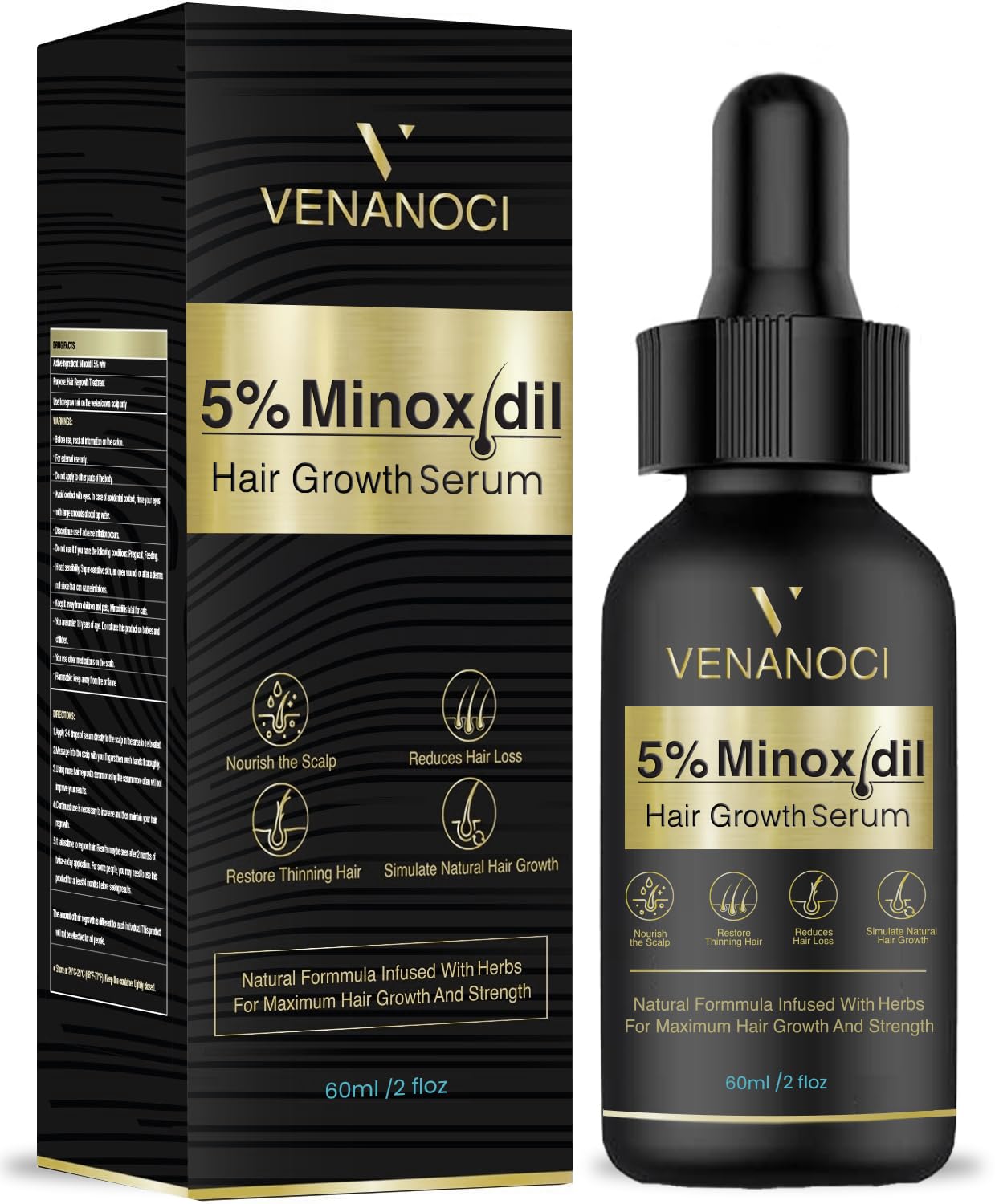 Venanoci 5% minoxidil serum bottle ready for daily use to support fuller-looking hair.