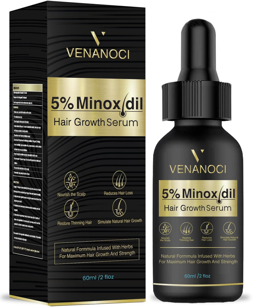 Venanoci 5% minoxidil serum bottle ready for daily use to support fuller-looking hair.