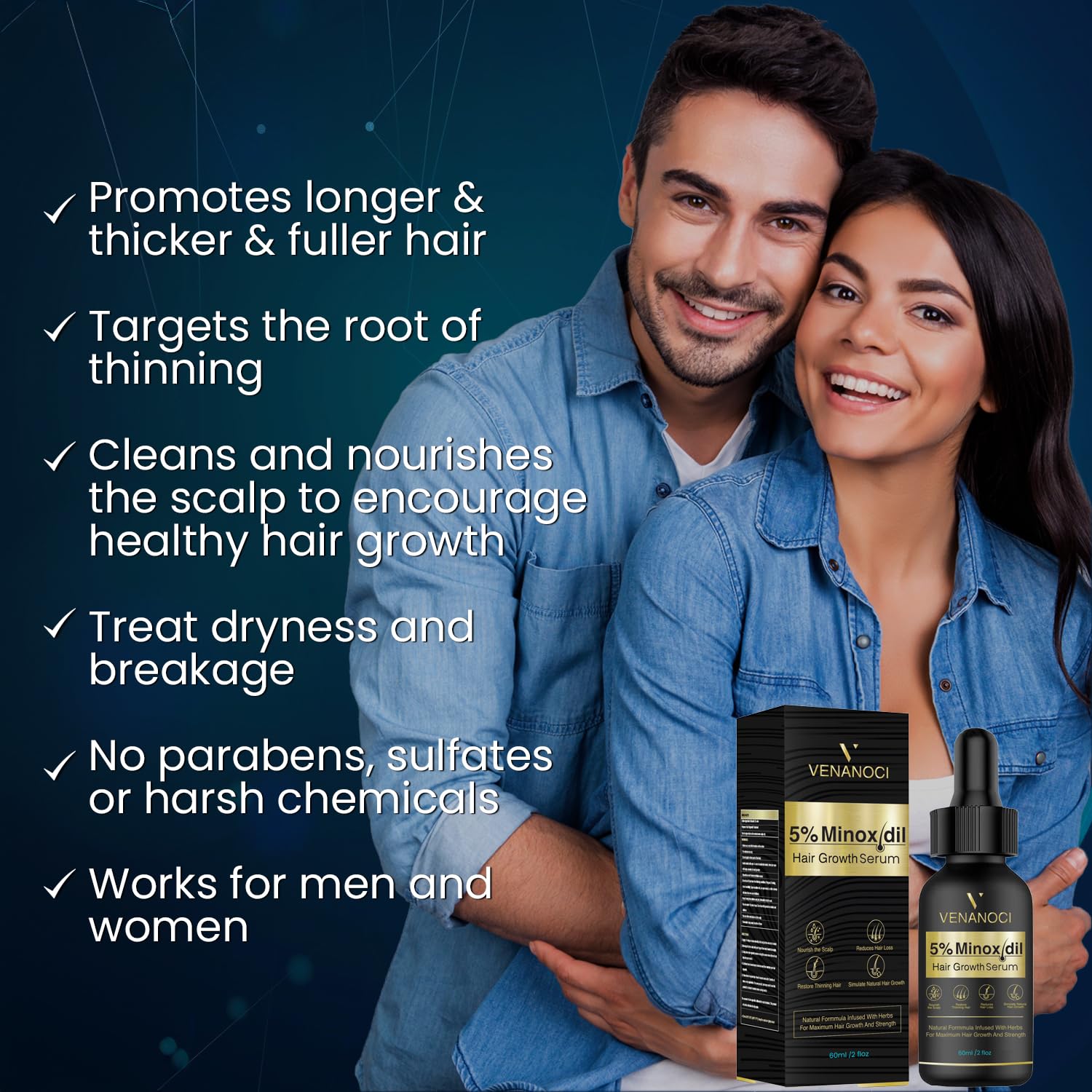 Evenly applying Venanoci serum to scalp as part of daily routine.