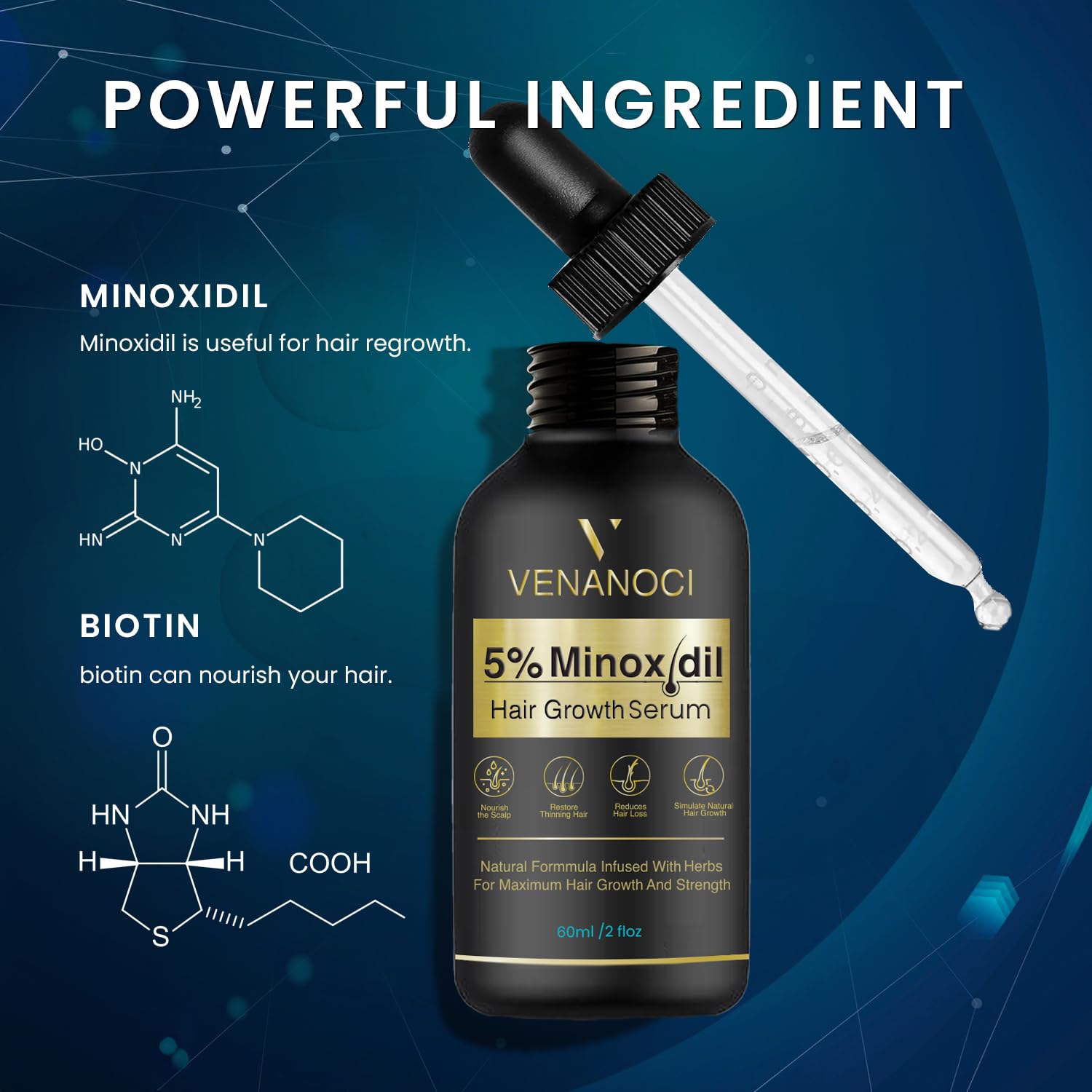 Venanoci biotin and vitamins highlight nourishing ingredients for healthier hair.