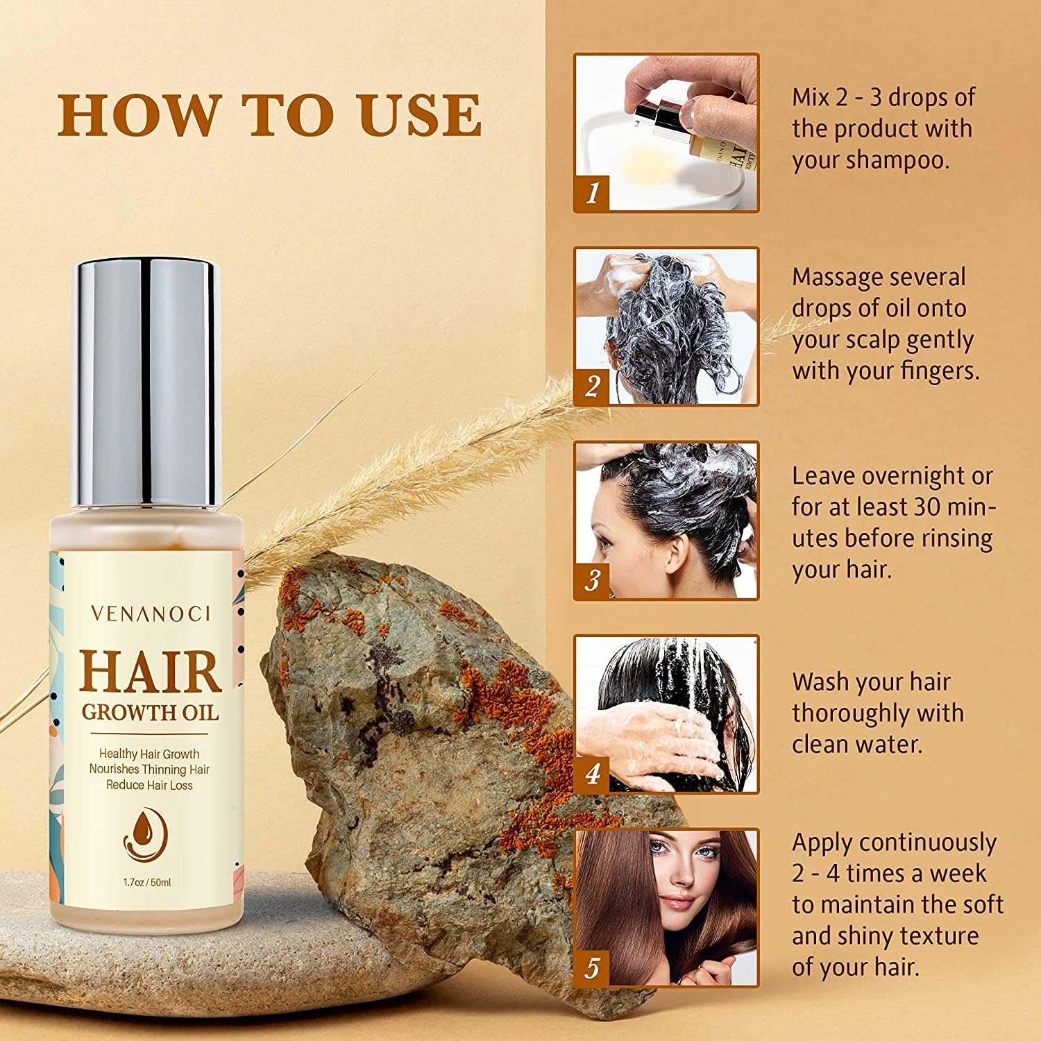 Venanoci castor oil glossy bottle showcasing hydration for dry, damaged hair