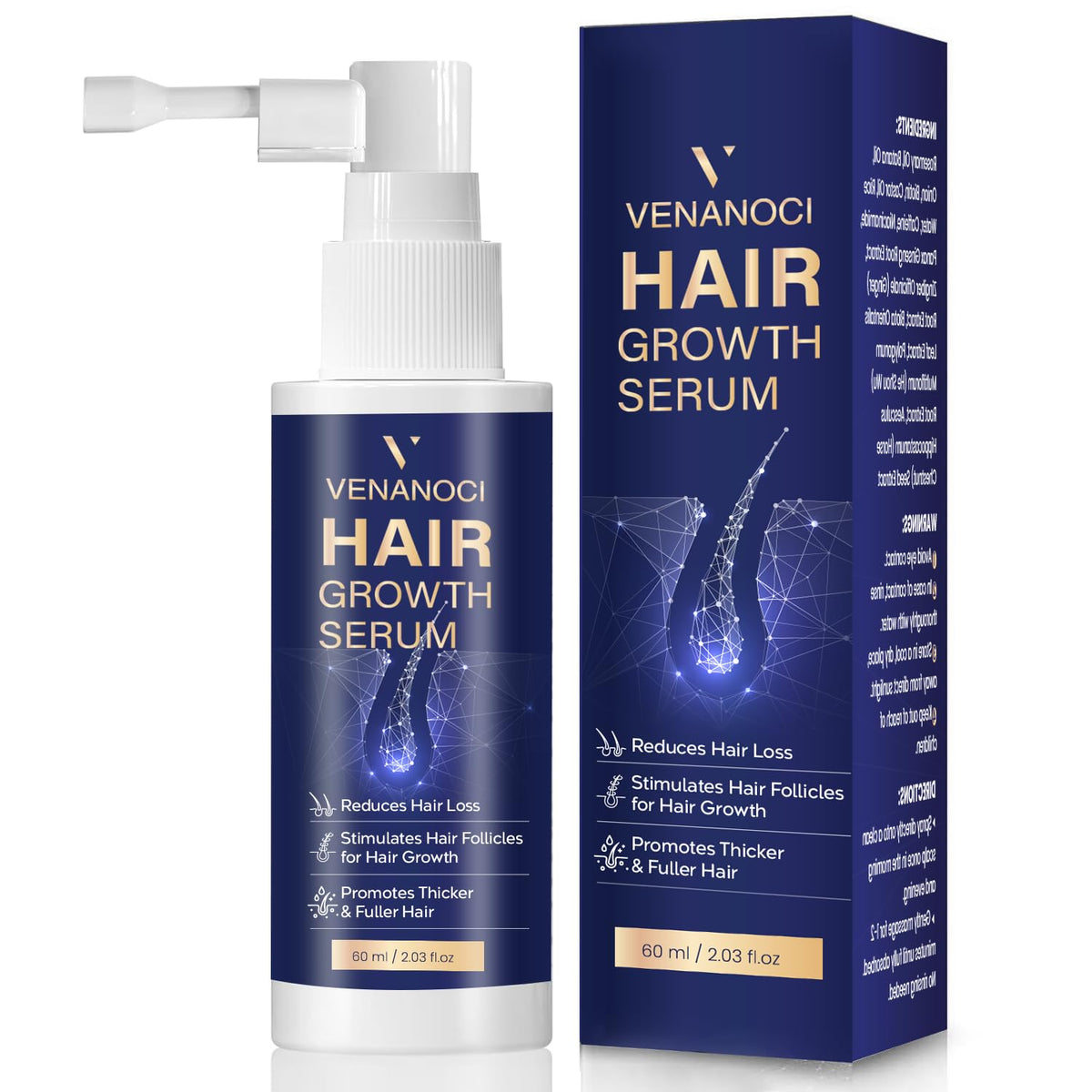Venanoci Hair Growth Oil Spray bottle showing a lightweight formula for fuller hair.