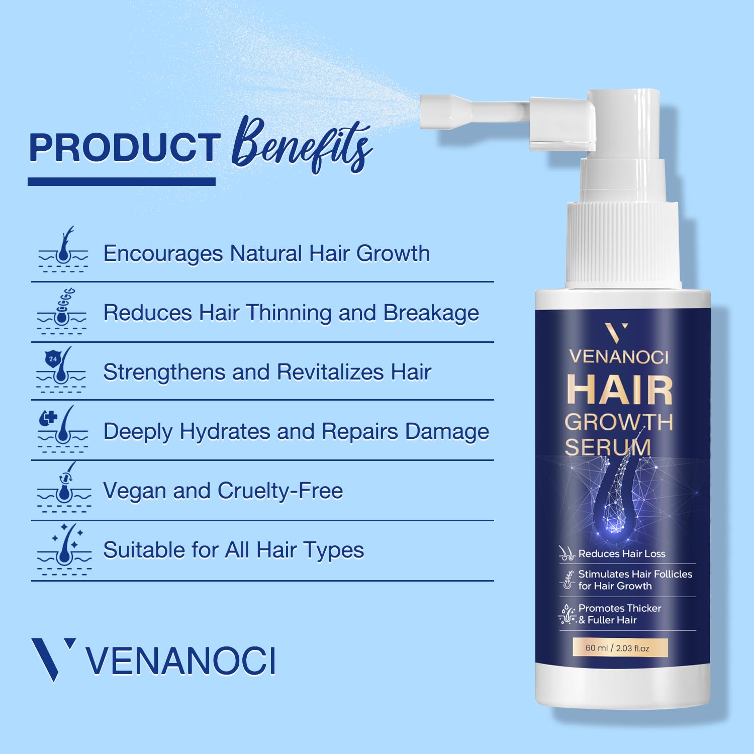 Venanoci onion oil dropper application demonstrates easy scalp spray for daily use.