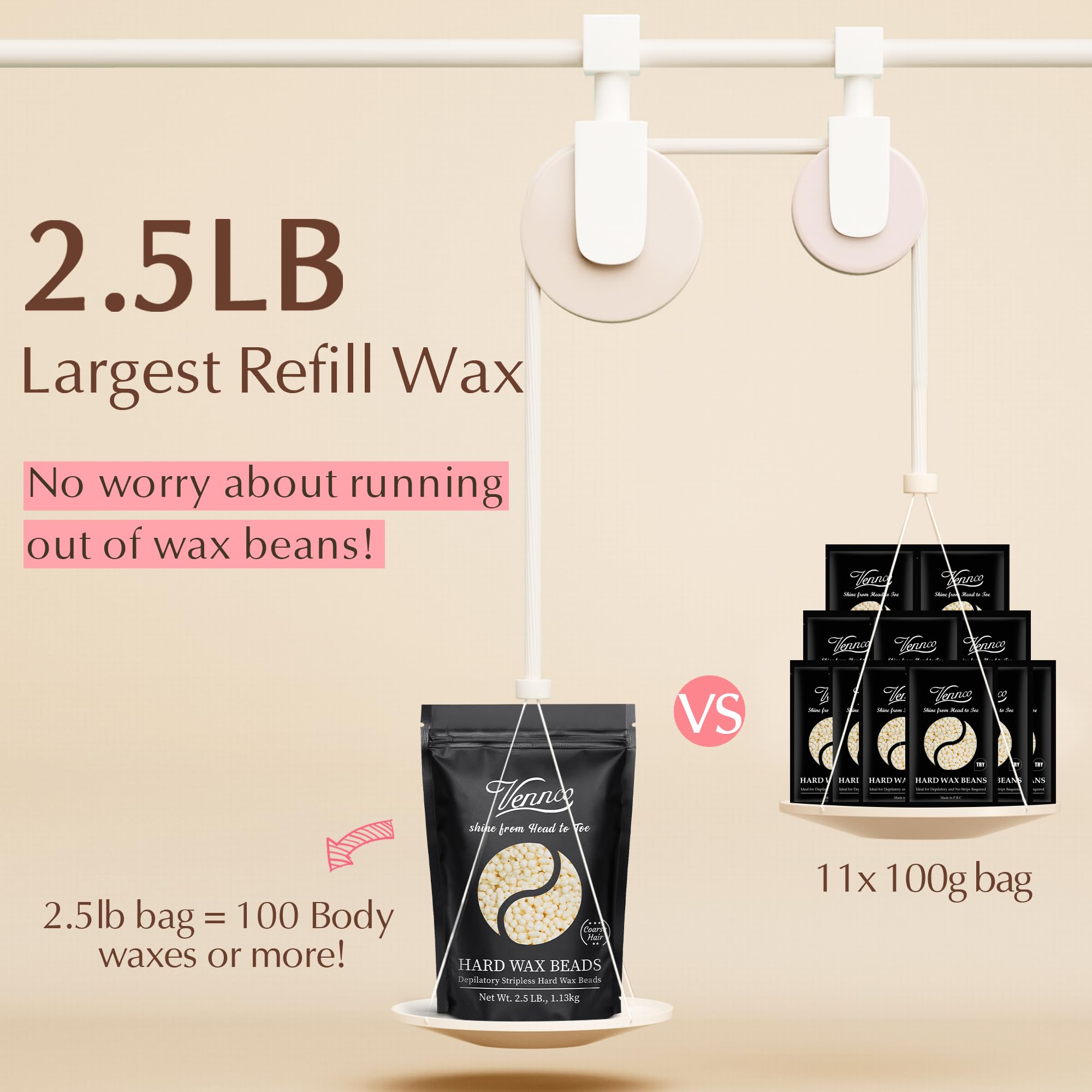 Vennco Brazilian wax application with coconut-infused beads for at-home use.