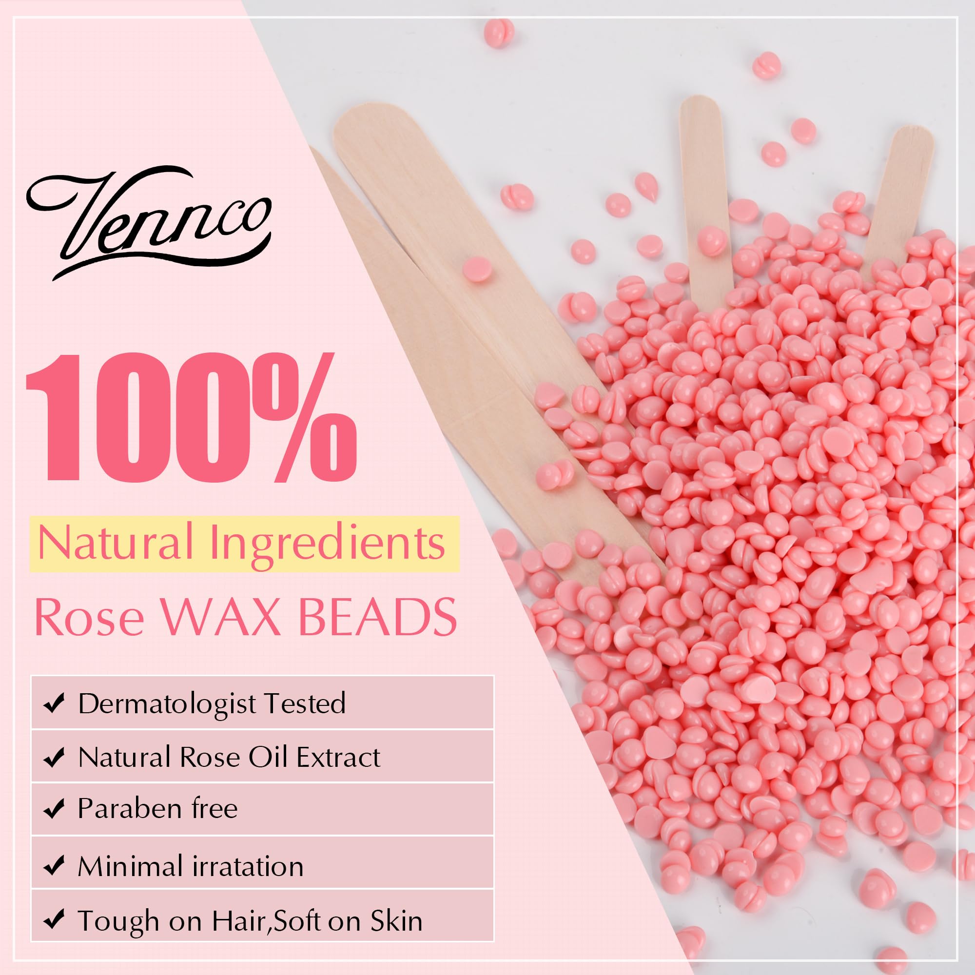 Vennco Brazilian waxing beads target coarse and fine hairs effectively.
